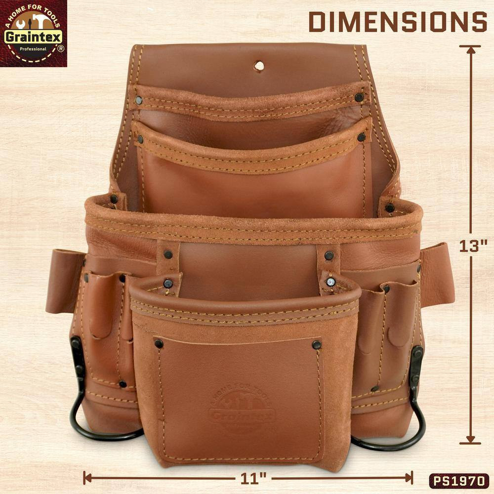 10-Pocket Nail and Tool Pouch Tan Color Industrial Grade Leather W/2 Hammer Hold