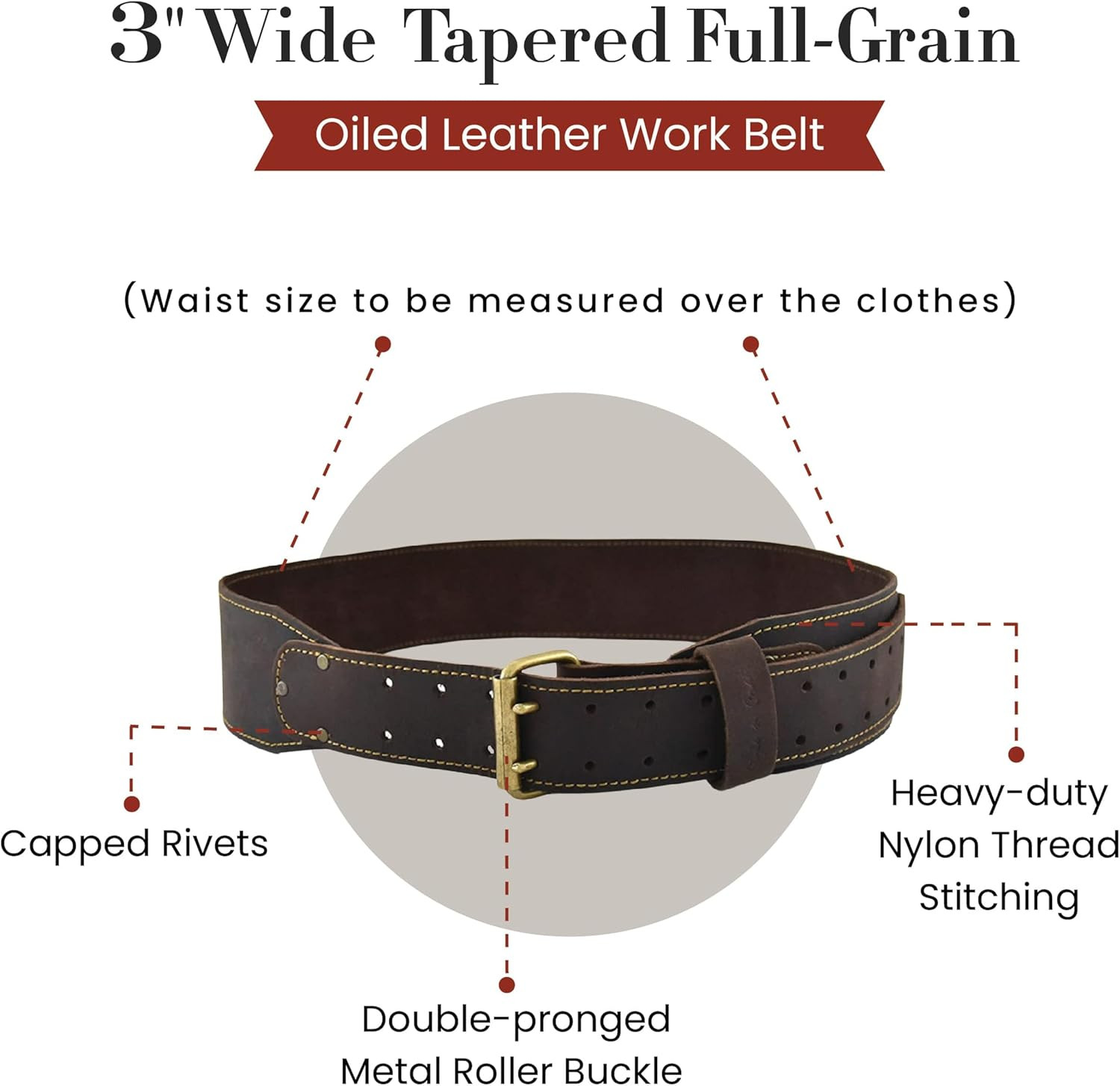 Style N Craft – 3″ Wide, Long, Tapered Full-Grain Oiled Leather Work Belt, Durab