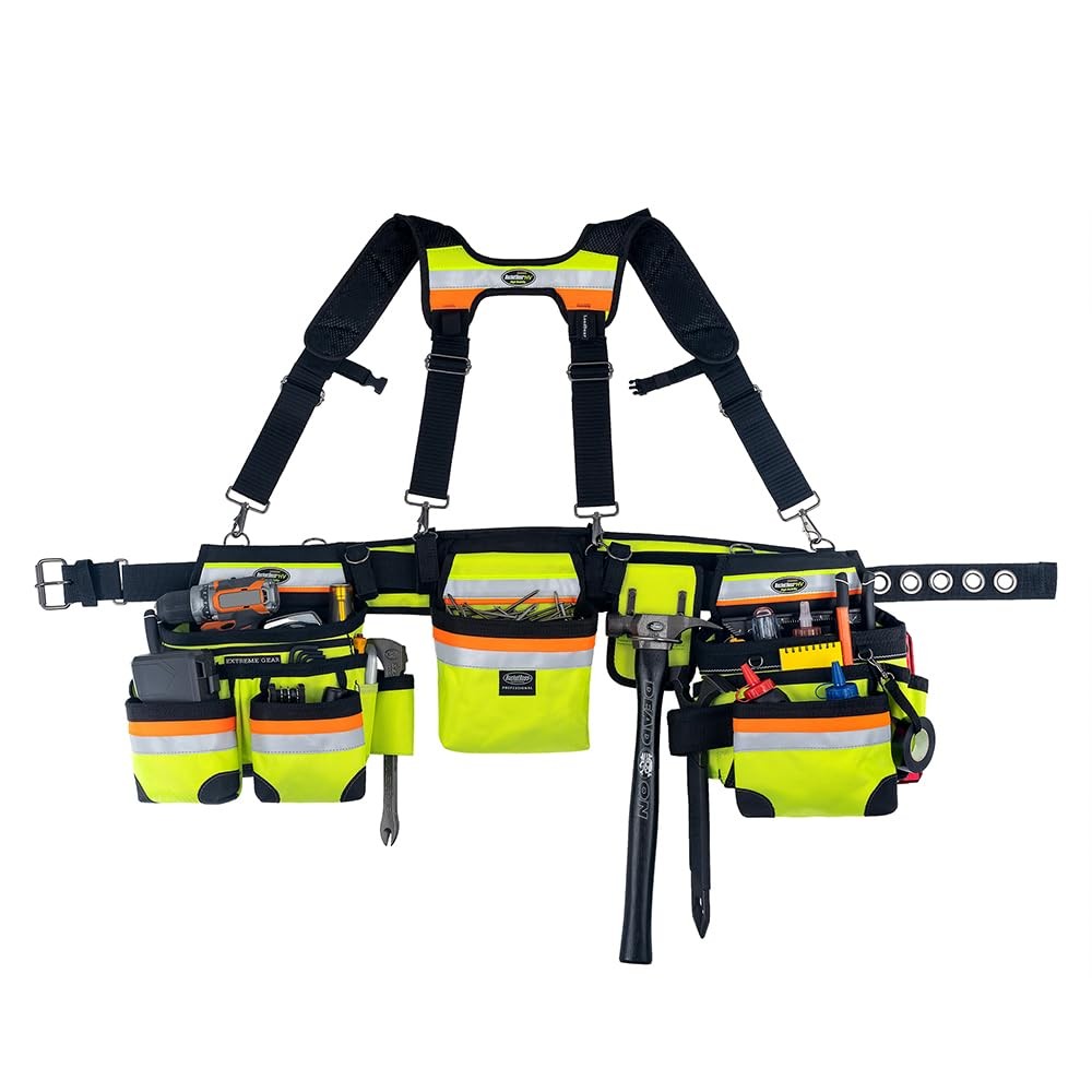 3 Bag Tool Belt with Suspenders in Safety Yellow with High-Visibility, 55185-…