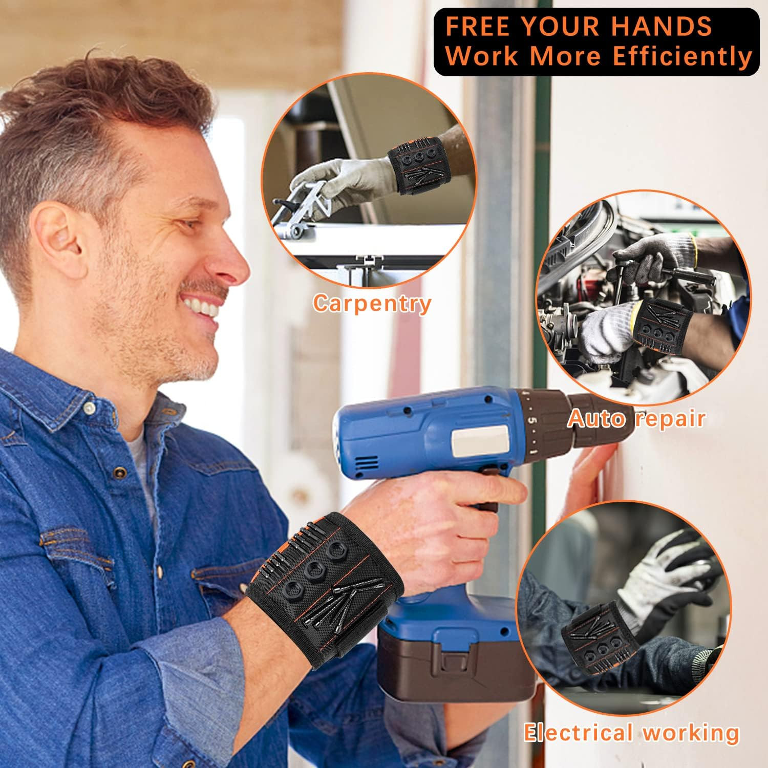 Magnetic Wristband with 15 Strong Magnets for Holding Screws, Nails, Drill Bits,