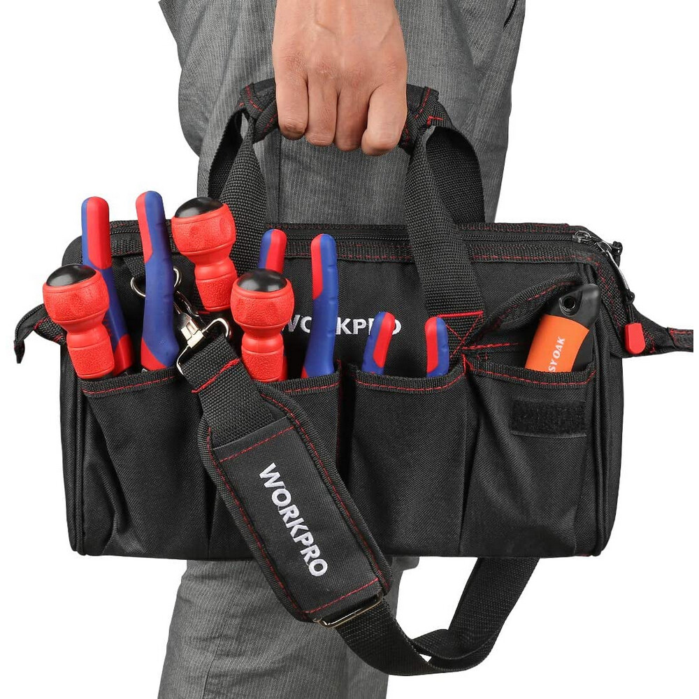 WORKPRO 16″/14″/12″ Wide Mouth Tool Bag Black Tool Storage Tote with Rubber Base