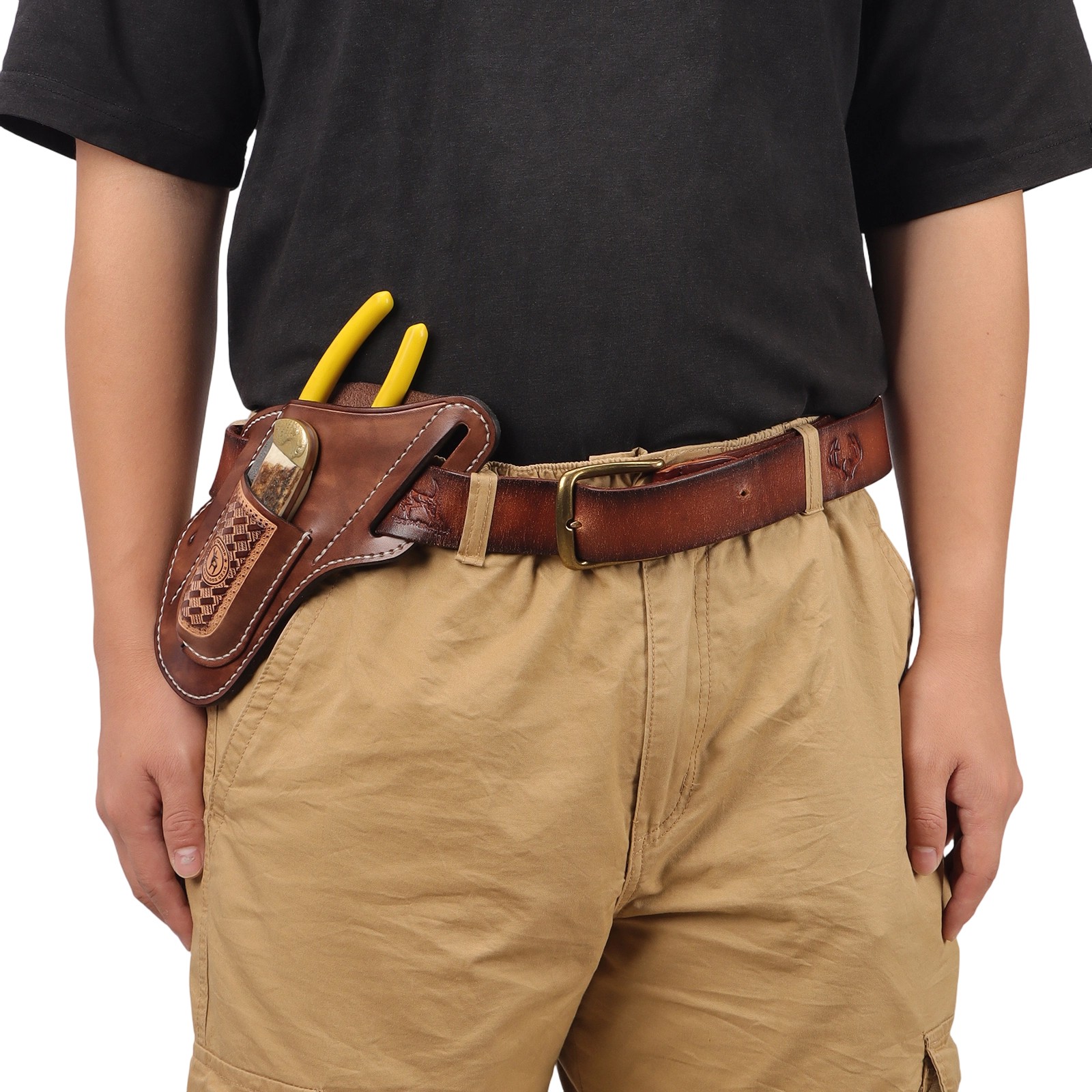 TOURBON Leather 2-in-1 Tool Pouch Folding Knife/Pliers Pocket Belt on Holster