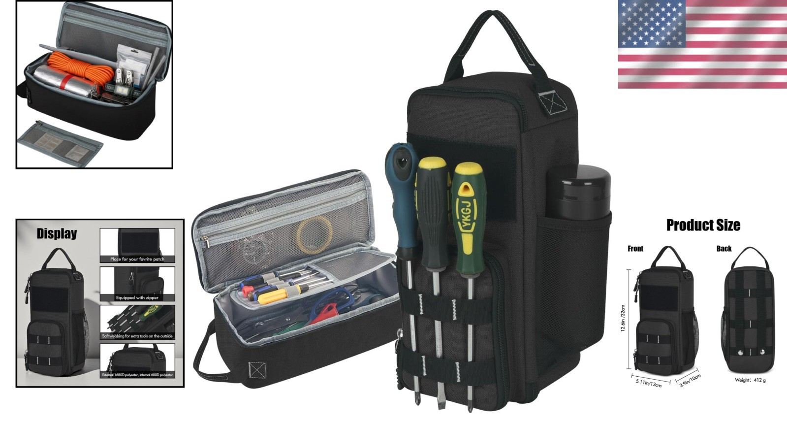Multifunctional Tool Bag 12.6 Inch Black Waterproof for Tools and Accessories
