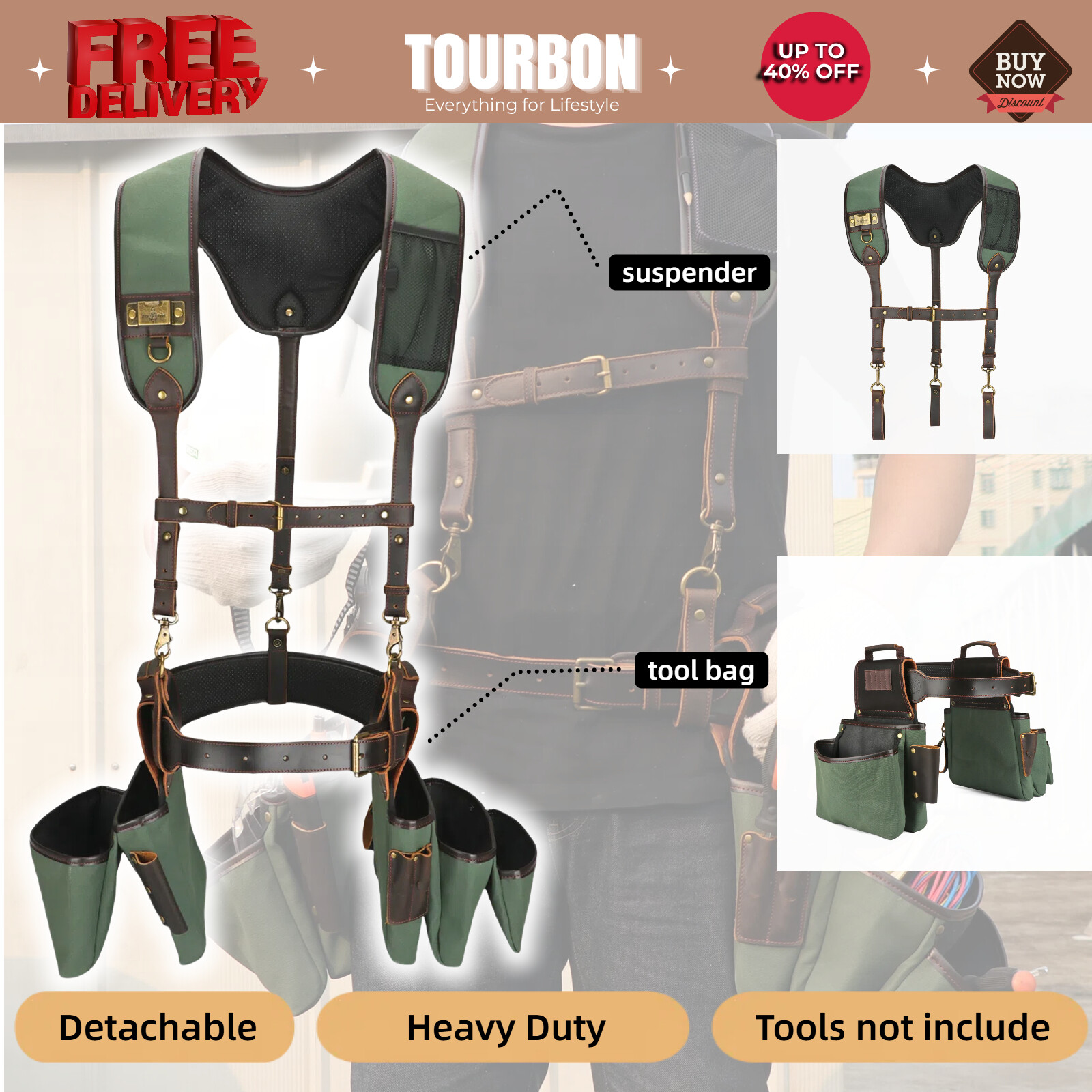 Tourbon Tool Belt Harness Suspender Carpenter Rig Belt Electrician Tool Hold Bag