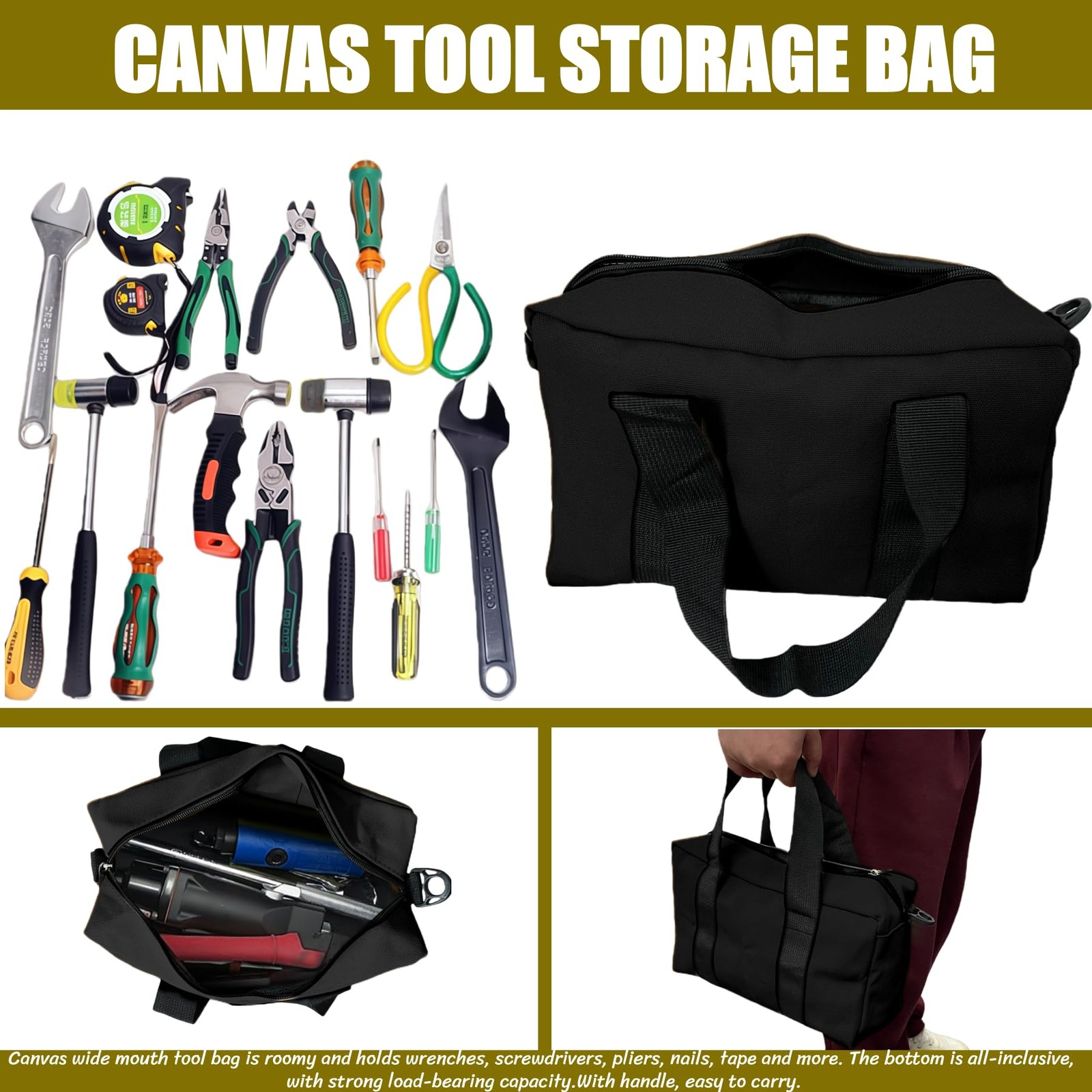 Heavy Duty Canvas Tool Bag Wide Mouth 12 Inch Tote Organizer Storage