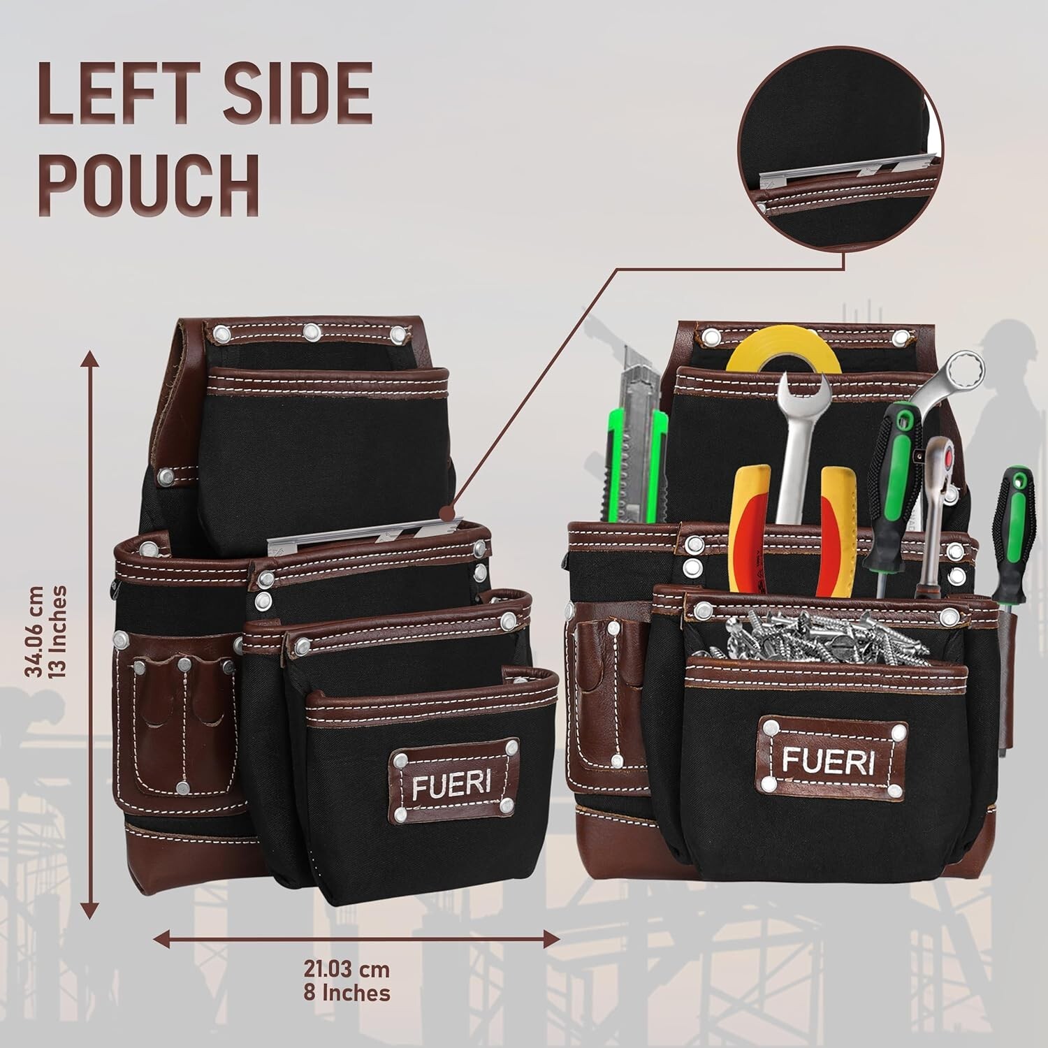 19 Pocket Professional Tool Bag, Electricians Workwear Grain Leather Tool Belt