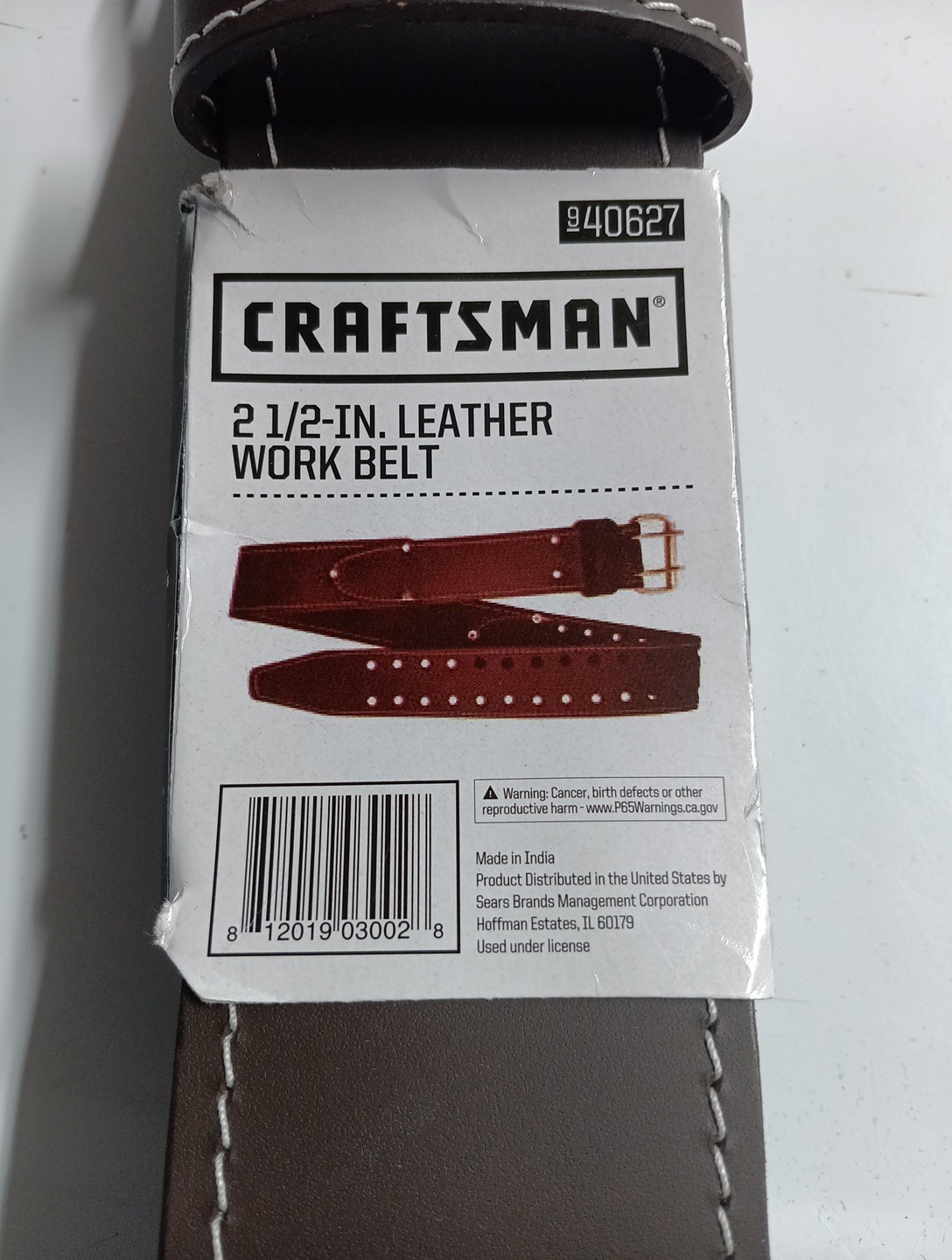 Workbelt Men’s Sears Craftsman 2 1/2 Inch Leather Belt # 9-40627