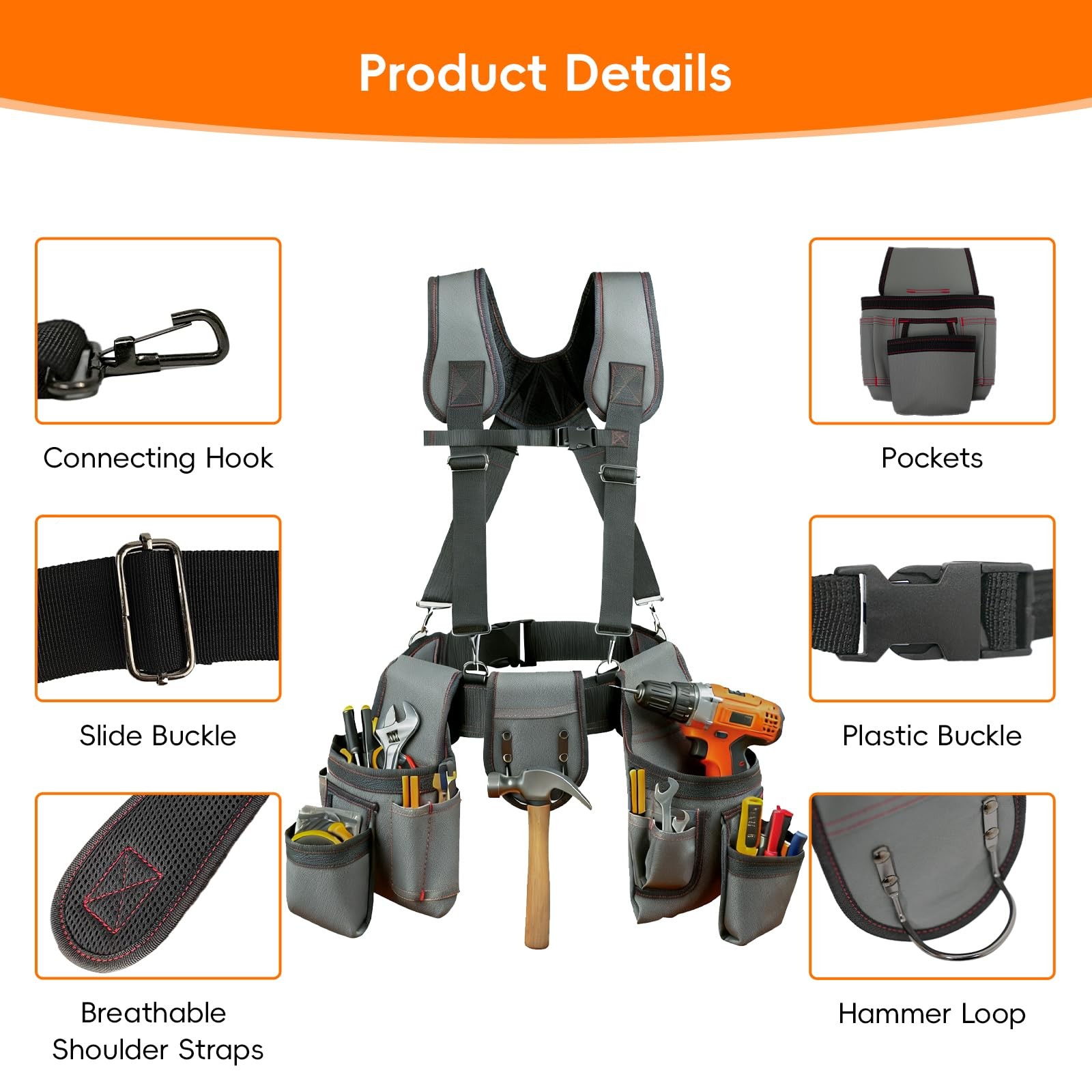 Tool Belt with Suspenders Pouches Pockets Hammer Loop for Men