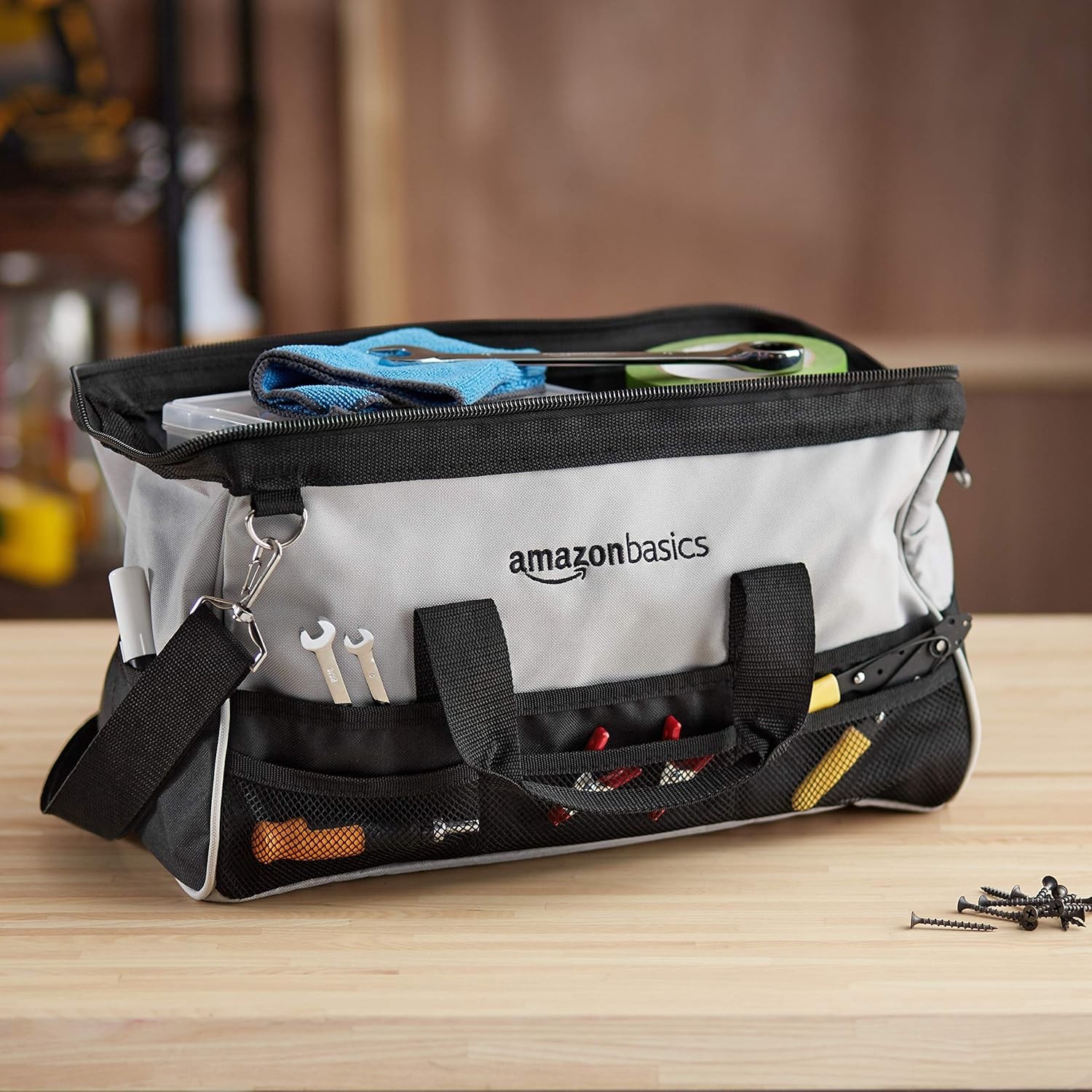 Durable 16-Inch Tool Bag with 26 Compartments & Adjustable Strap in Black/Grey