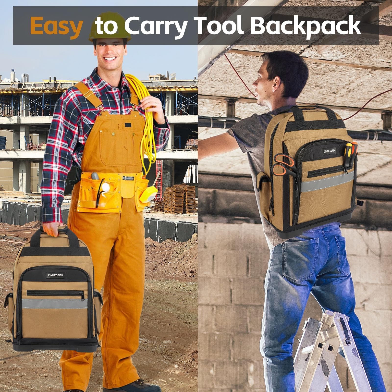 XINHESDEN Tool Bag Backpack, Heavy Duty Backpack 17*8*14.5 inches, Khaki