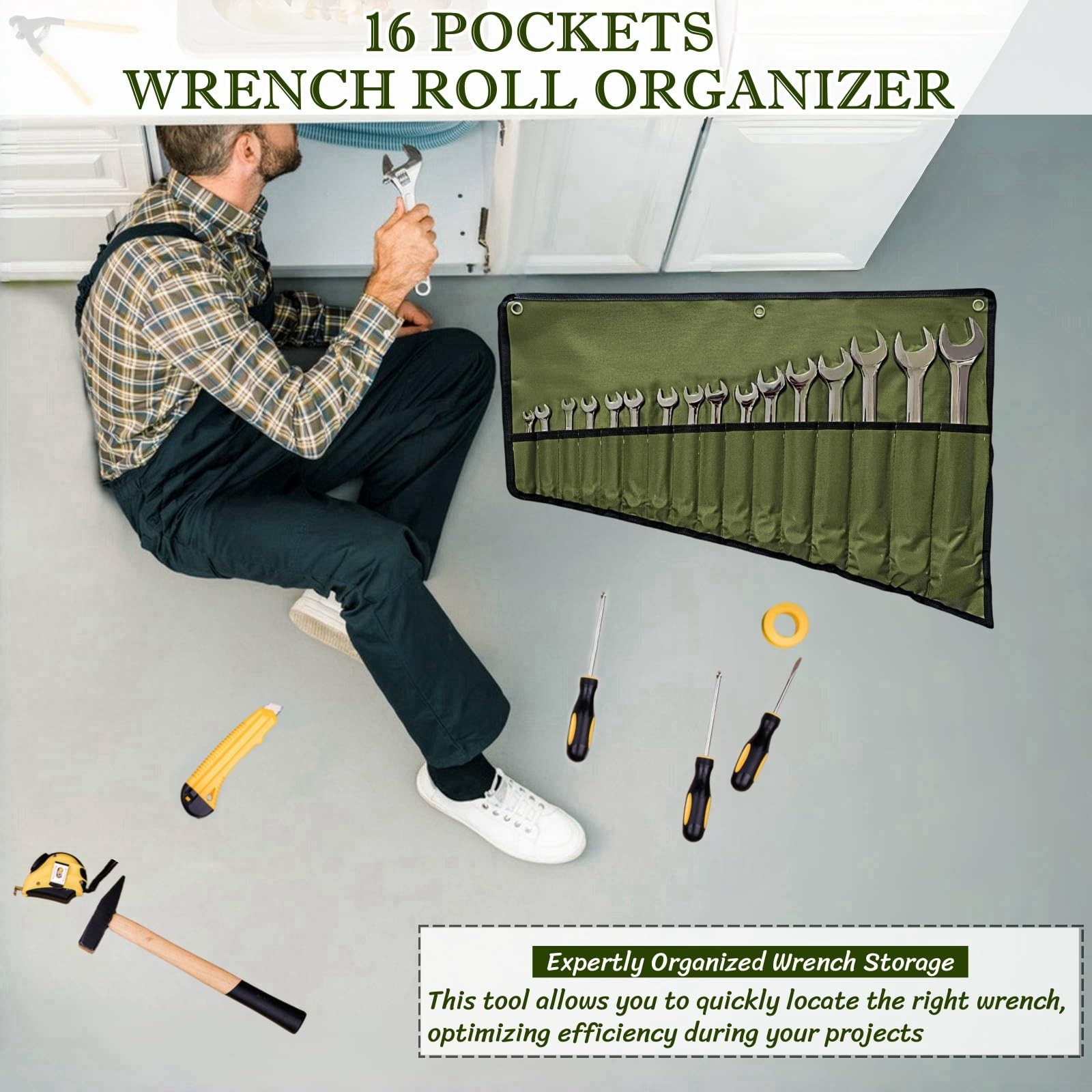 BLIRITEL 16 Pockets Wrench Roll Up Pouch, Organizer and Green