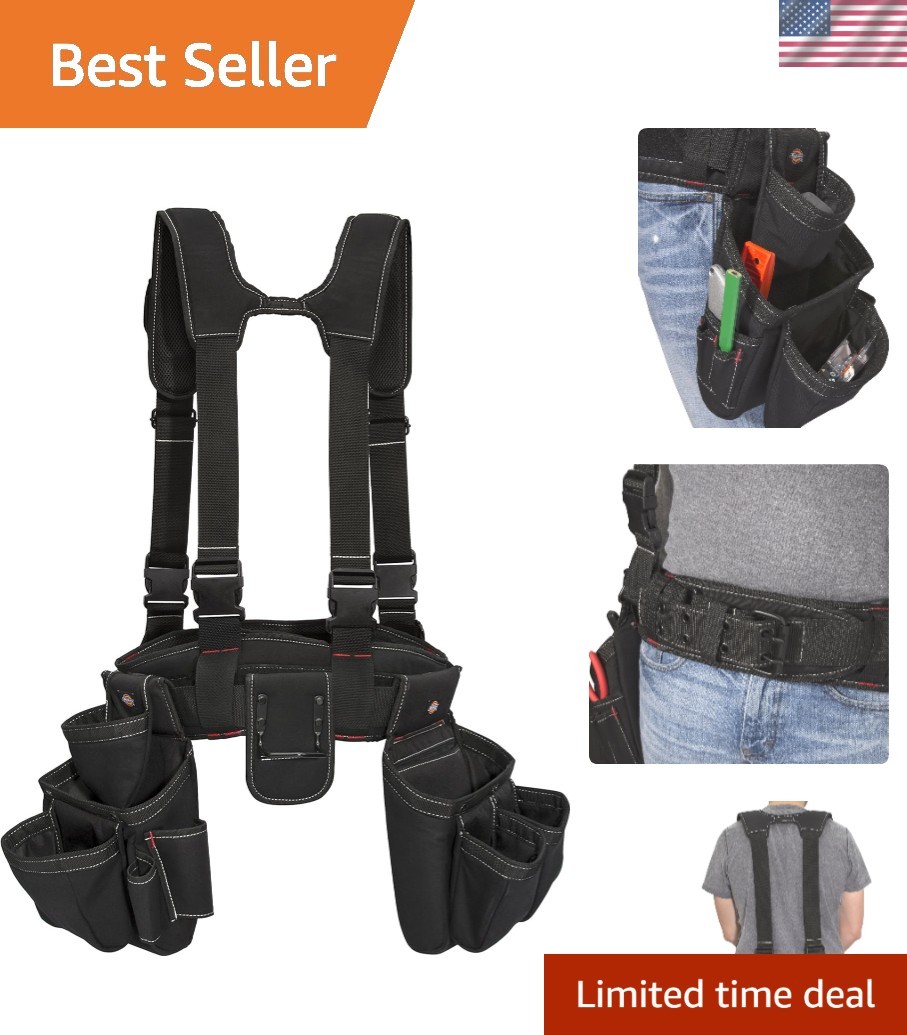 4-Piece Carpenter’s Work Rig, Padded Tool Belt Suspenders, Cooling Mesh, Leat…