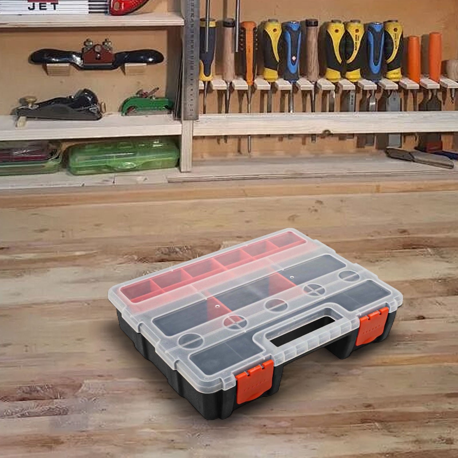 Sturdy Plastic Toolbox with Adjustable Compartments for Hardware and Parts
