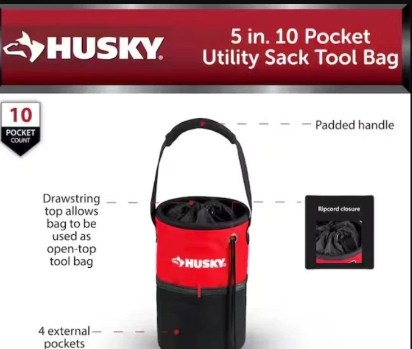 Husky 5″ Utility Sack Tool Bag 10 Pockets Water Resistant Material 432 396 NWT’s