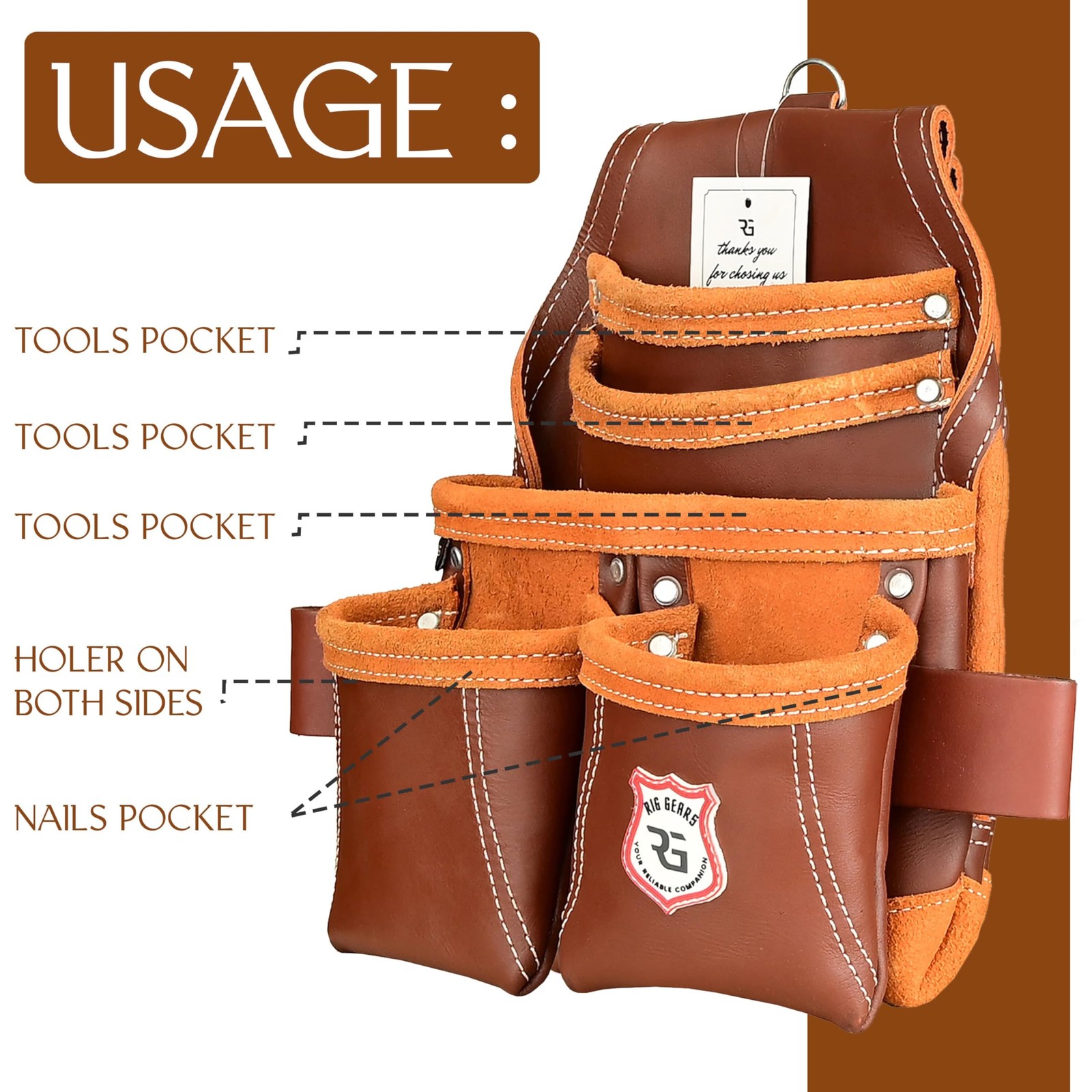 Leather Tool Pouch for Electrician | 5 Pockets Framers Tool Belt Pouches Maroon