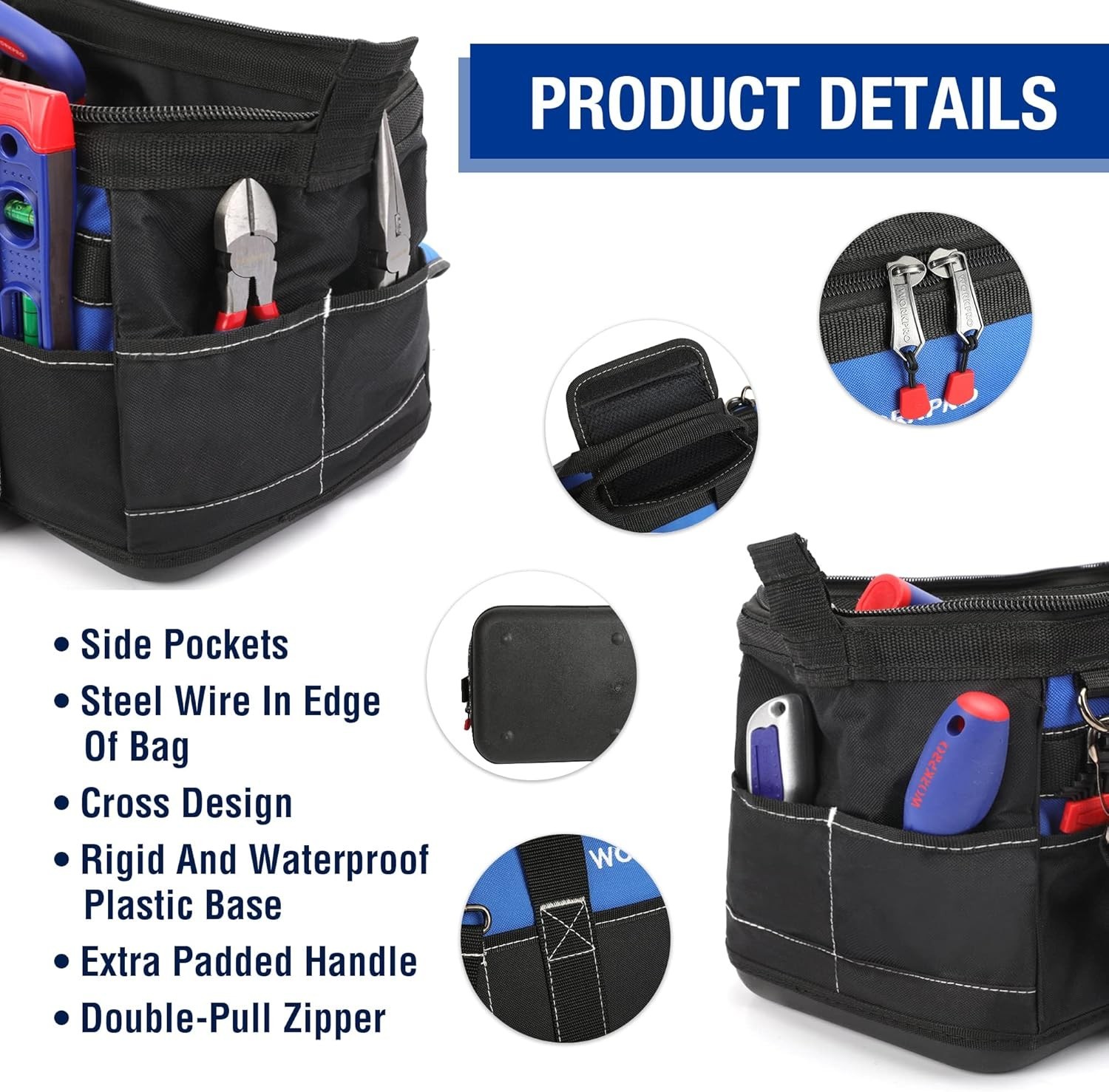 16-inch Wide Mouth Waterproof Tool Bag with Molded Base for Organizing Tools