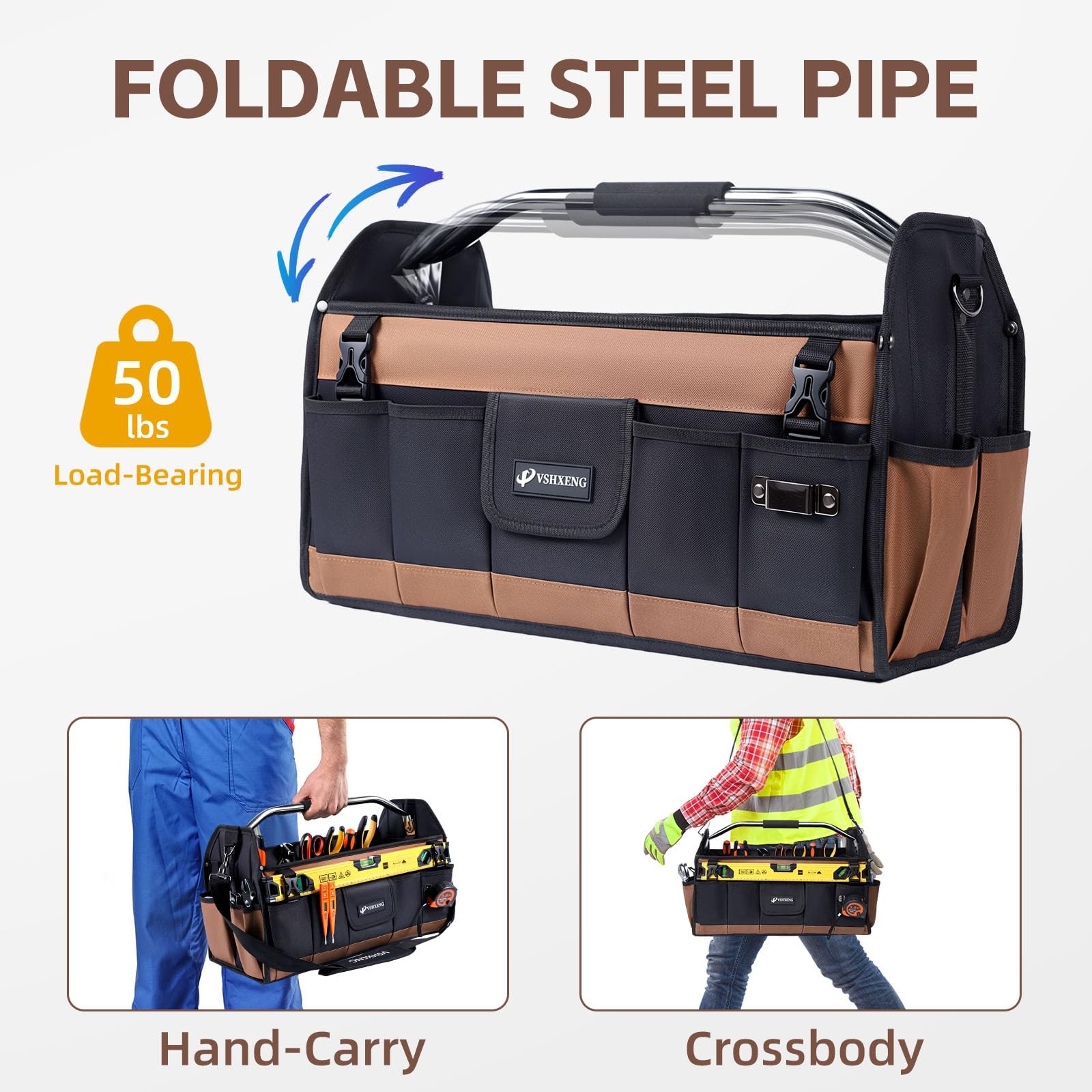 20 Inch Tool Bag Foldable 19 Pockets Organizer Open Top Tote Shoulder Strap