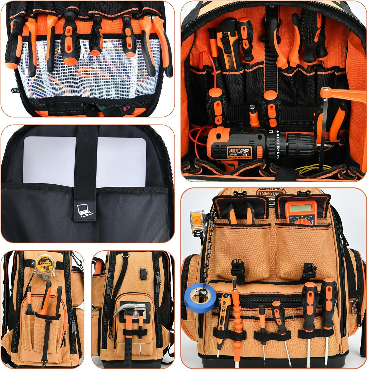 Heavy Duty Tool Backpack with 2 Bags, Laptop Compartment & Lock, Water-Resistant