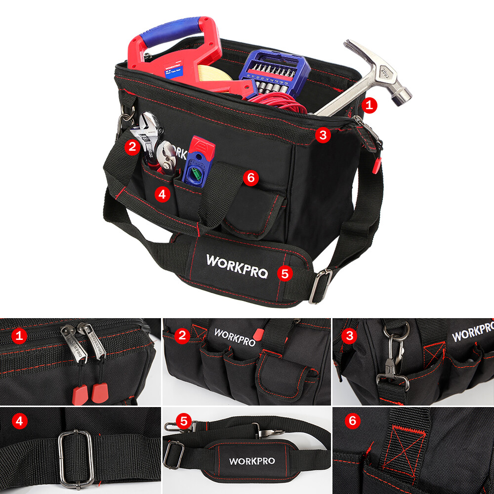 Workpro 12-inch Close Top Wide Mouth Storage Tool Bag 500D Polyester Fabric Bags