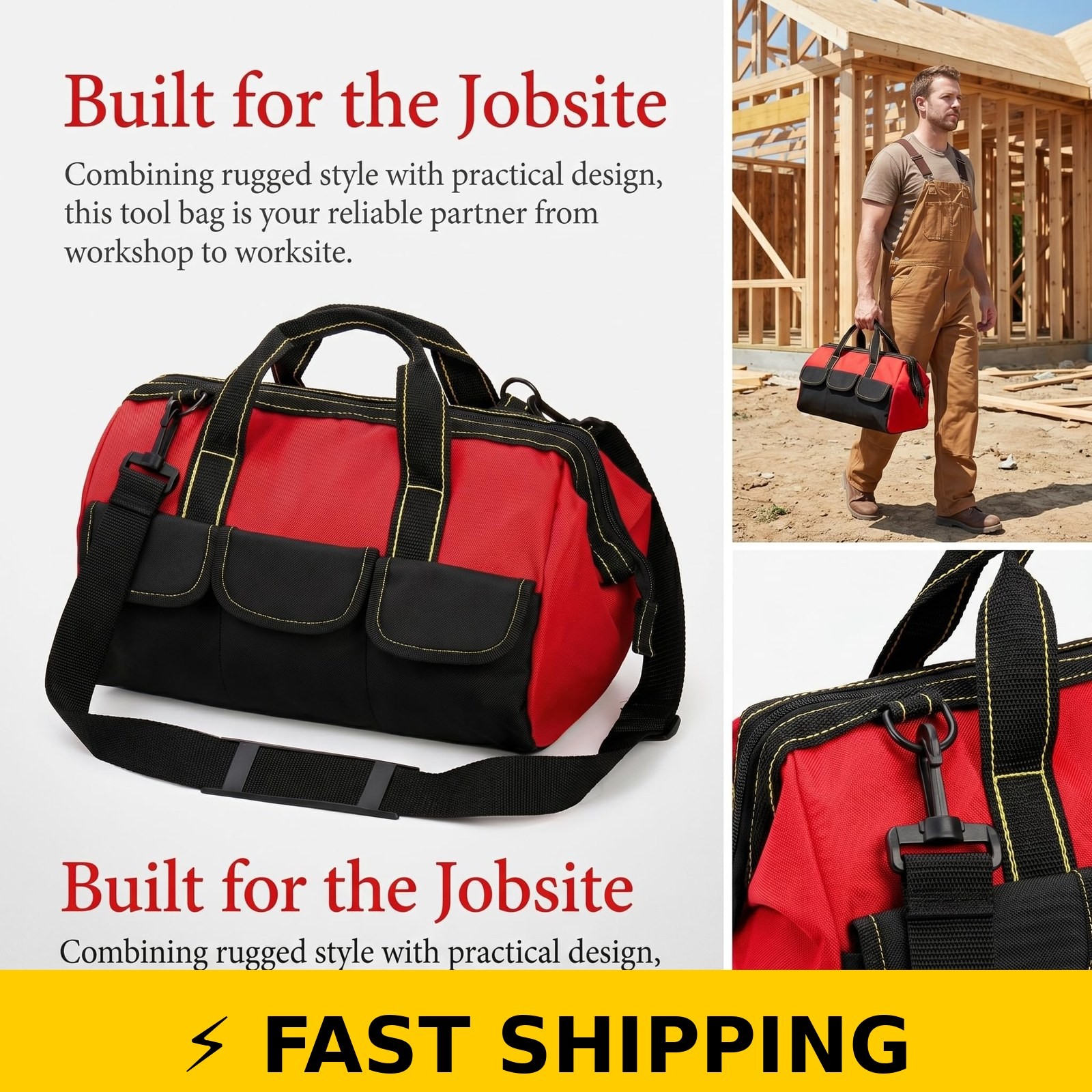 Hiceeden 16″ Wide Mouth Tool Bag – Waterproof, Red