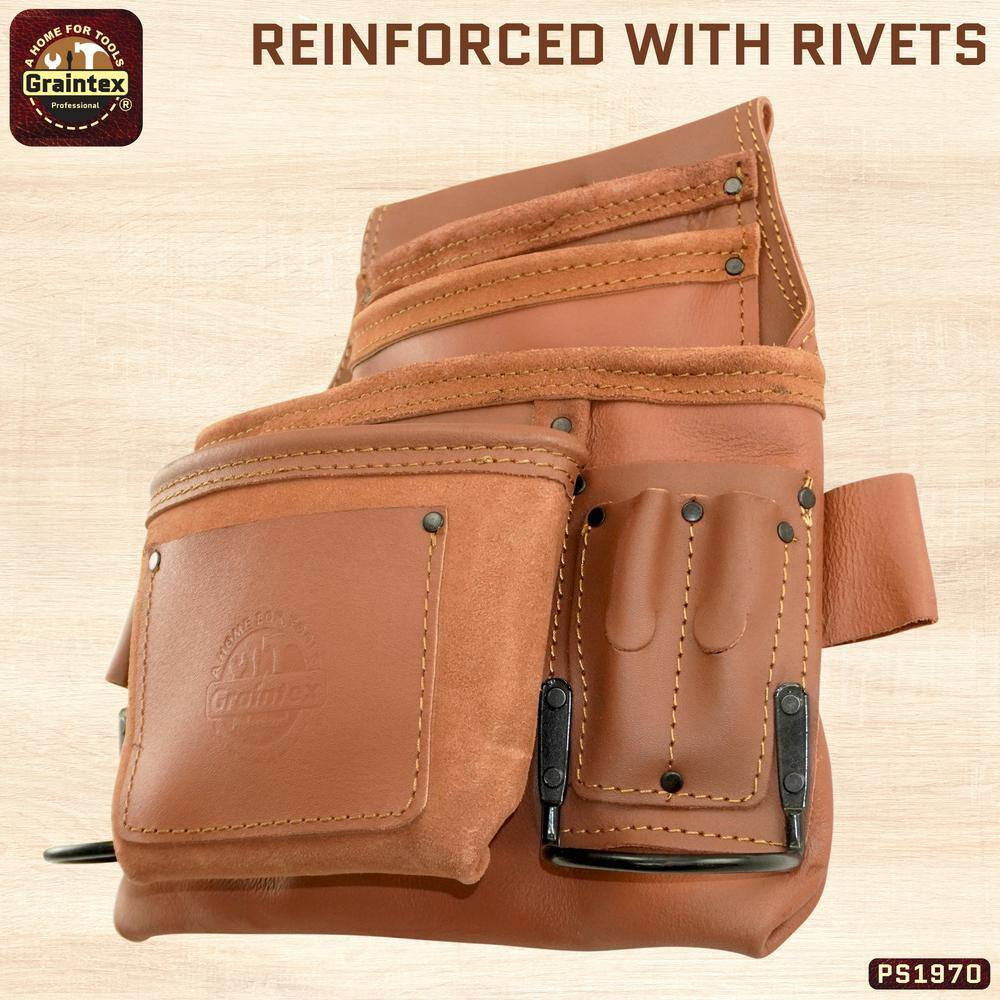 10-Pocket Nail and Tool Pouch Tan Color Industrial Grade Leather W/2 Hammer Hold