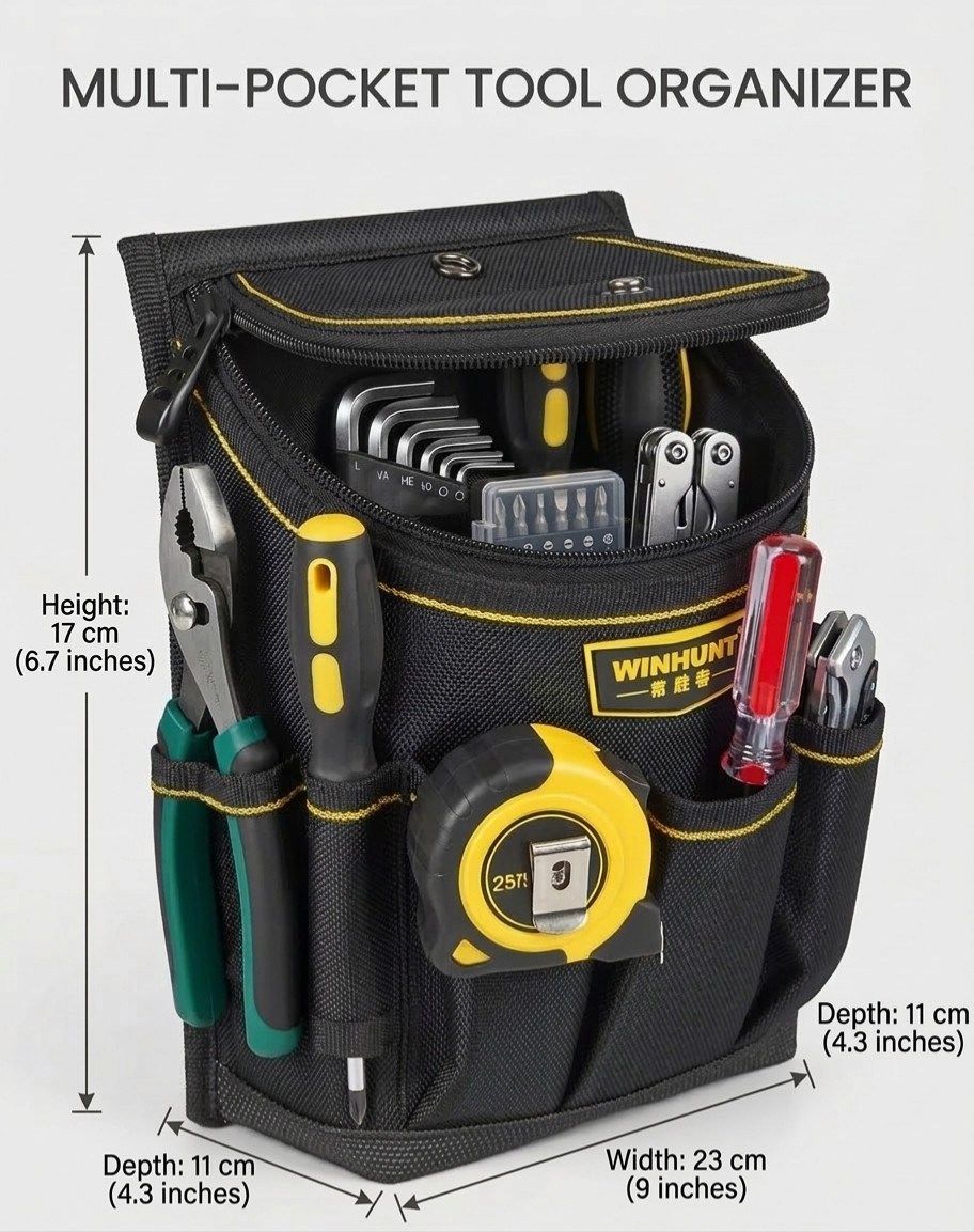 Professional 15-Pocket Tool Belt Pouch Heavy Duty Electrician Waist Bag Black