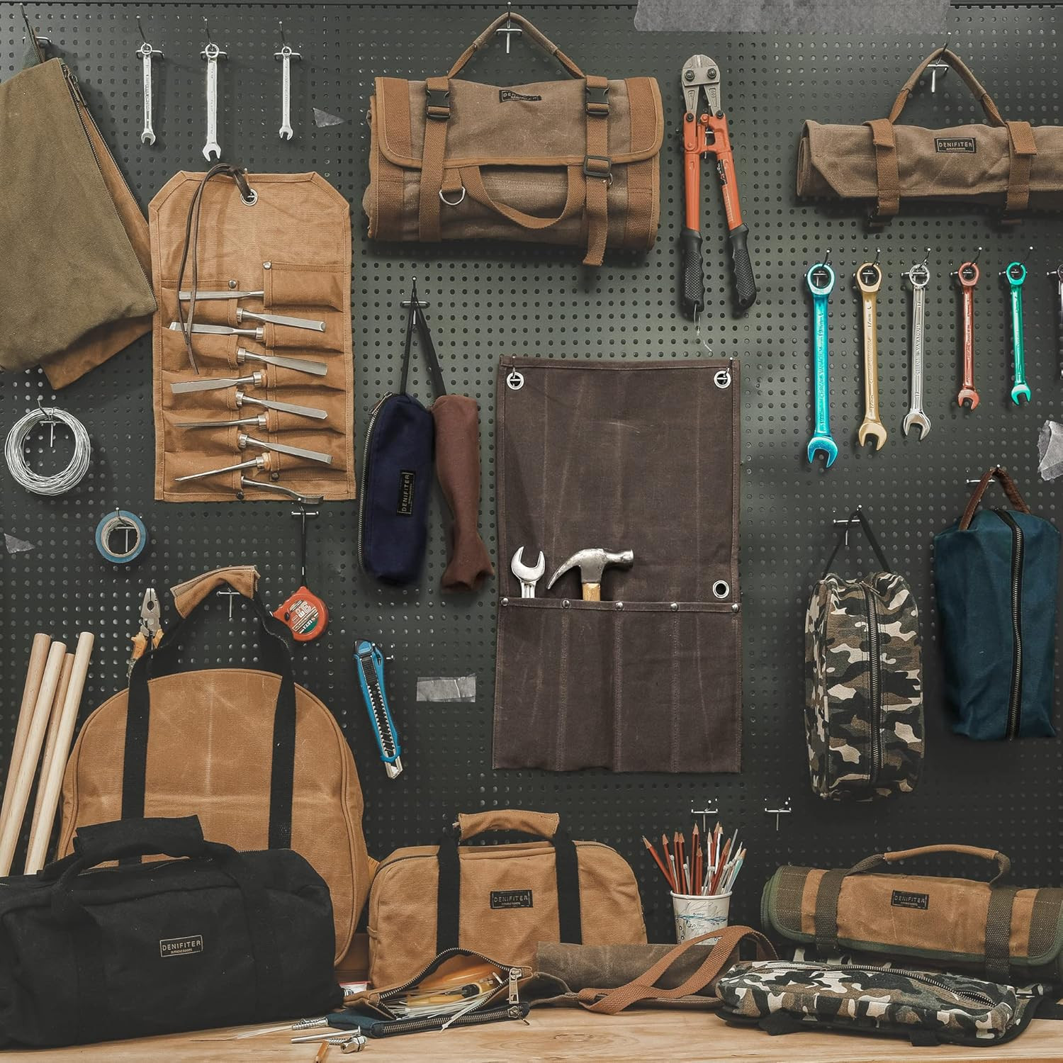 Wrench Roll Up Tool Bag Waxed Canvas Organizer 24 Pocket Heavy Duty Brown