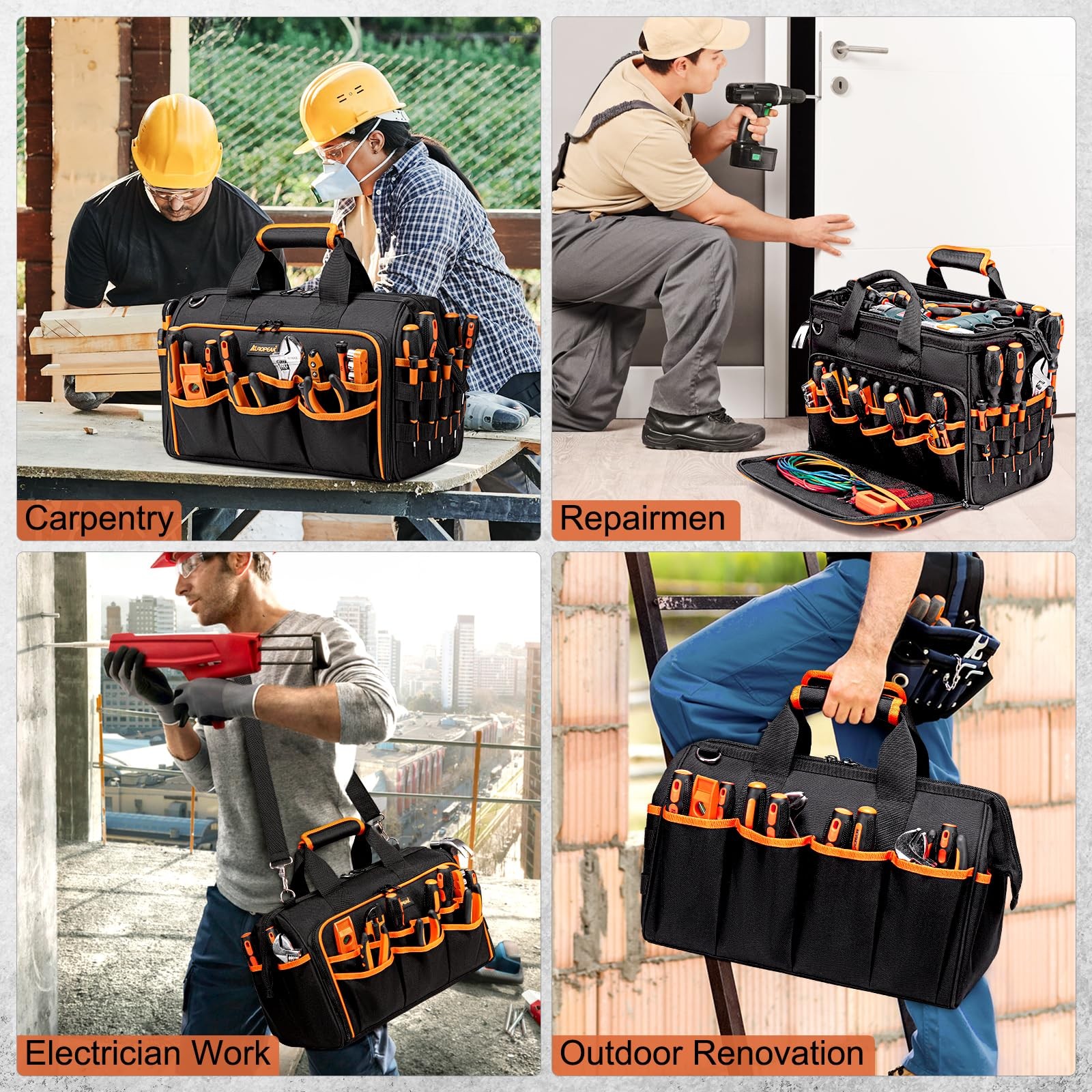 17-Inch Electrician Tool Bags for Men, 46-Pocket 17″x9.8″x12.6″, Black-orange