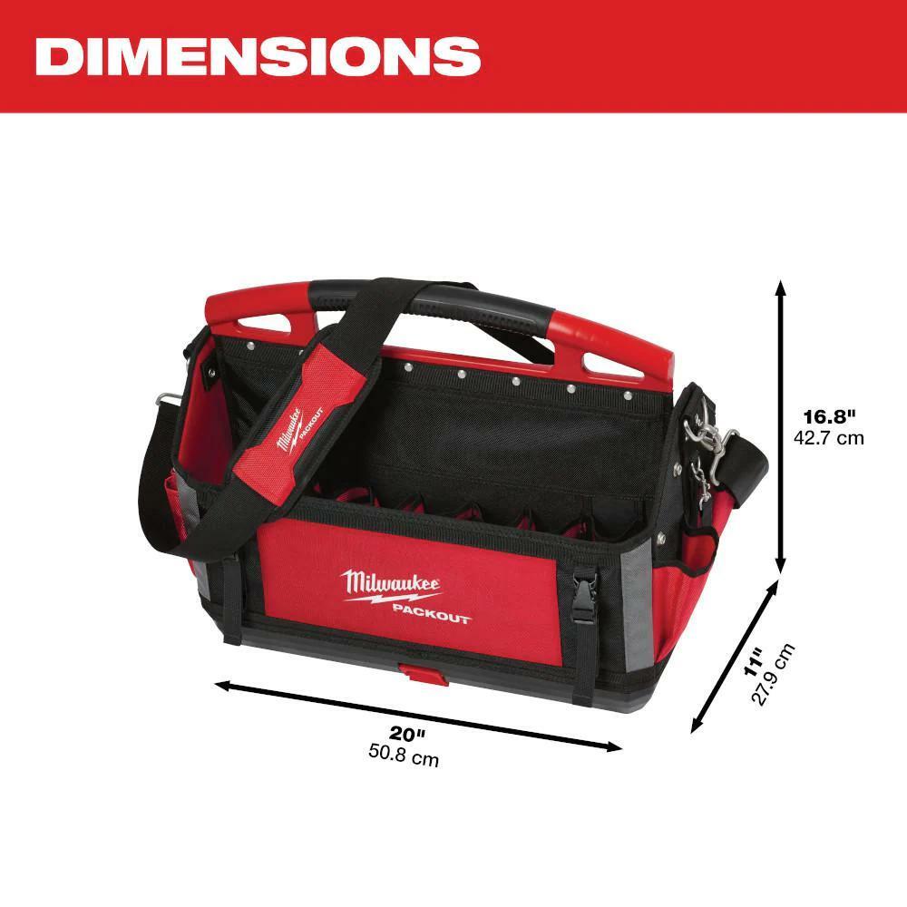 milwaukee caddy/tote 20 in packout tool bag tear-resistant shoulder strap red