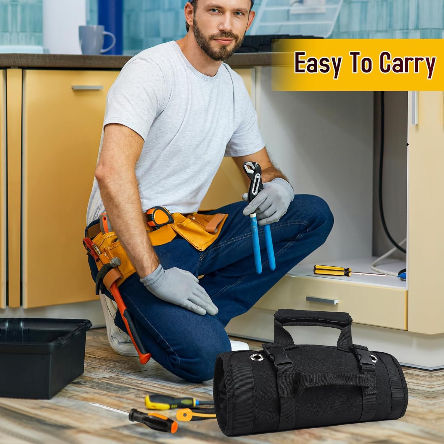 Roll Up Tool Bag Heavy Duty Tool Roll Up Bag 4 Pockets w/Detachable Tool Pouches