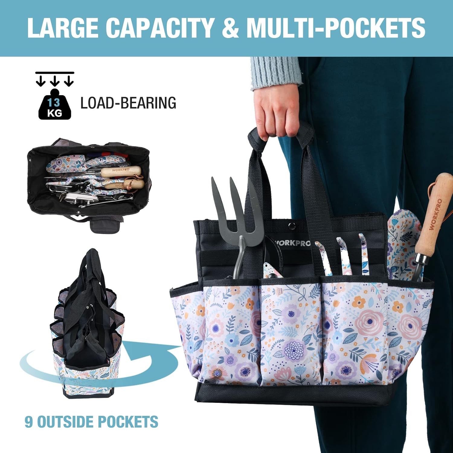 WORKPRO 9 Pockets Garden Tool Bag Heavy Duty Oxford Garden Tote Caddy 12x12x6″