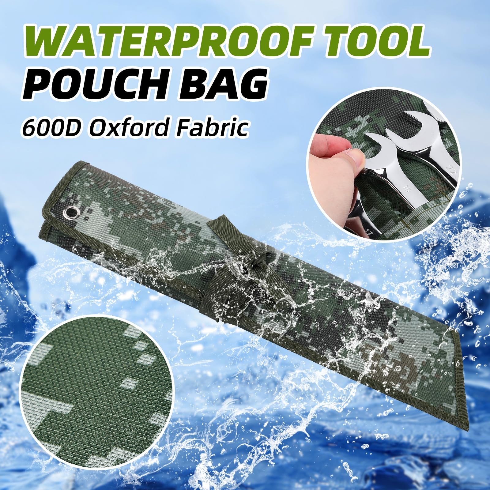 ROCKCOON 16 Pocket Wrench Roll Organizer, Rolled 19 inches, Dark Camouflage