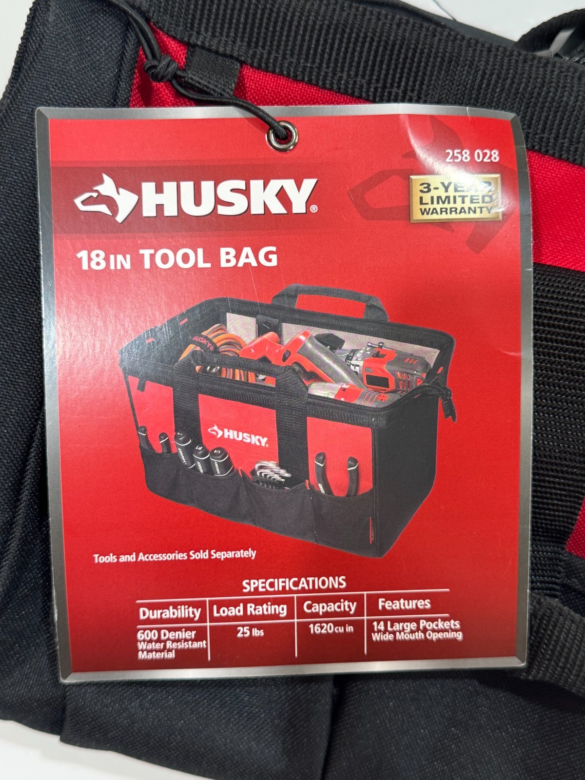 NEW Husky 18” Wide Mouth Zippered Water Resistant Tool Bag / 14 Pockets 258 028