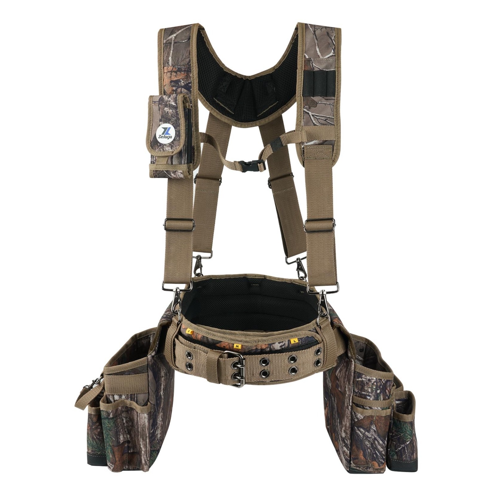 Large Tool Belt with Suspenders, Padded 4″ Tool Pouch, Hammer Holster, Camo, Con