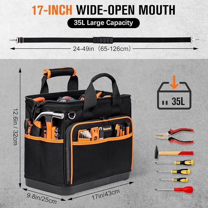 Heavy Duty Tool Bag 26 Pockets Waterproof Organizer Wide Open Design Crossbody