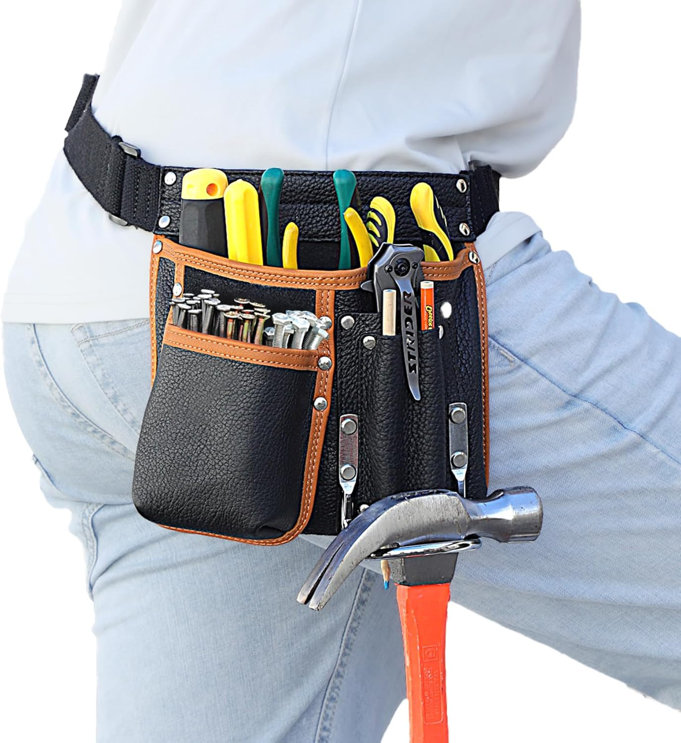Tool Belt,Genuine Leather Tool Pouch,Detachable & Adjustable Single Side Tool Be