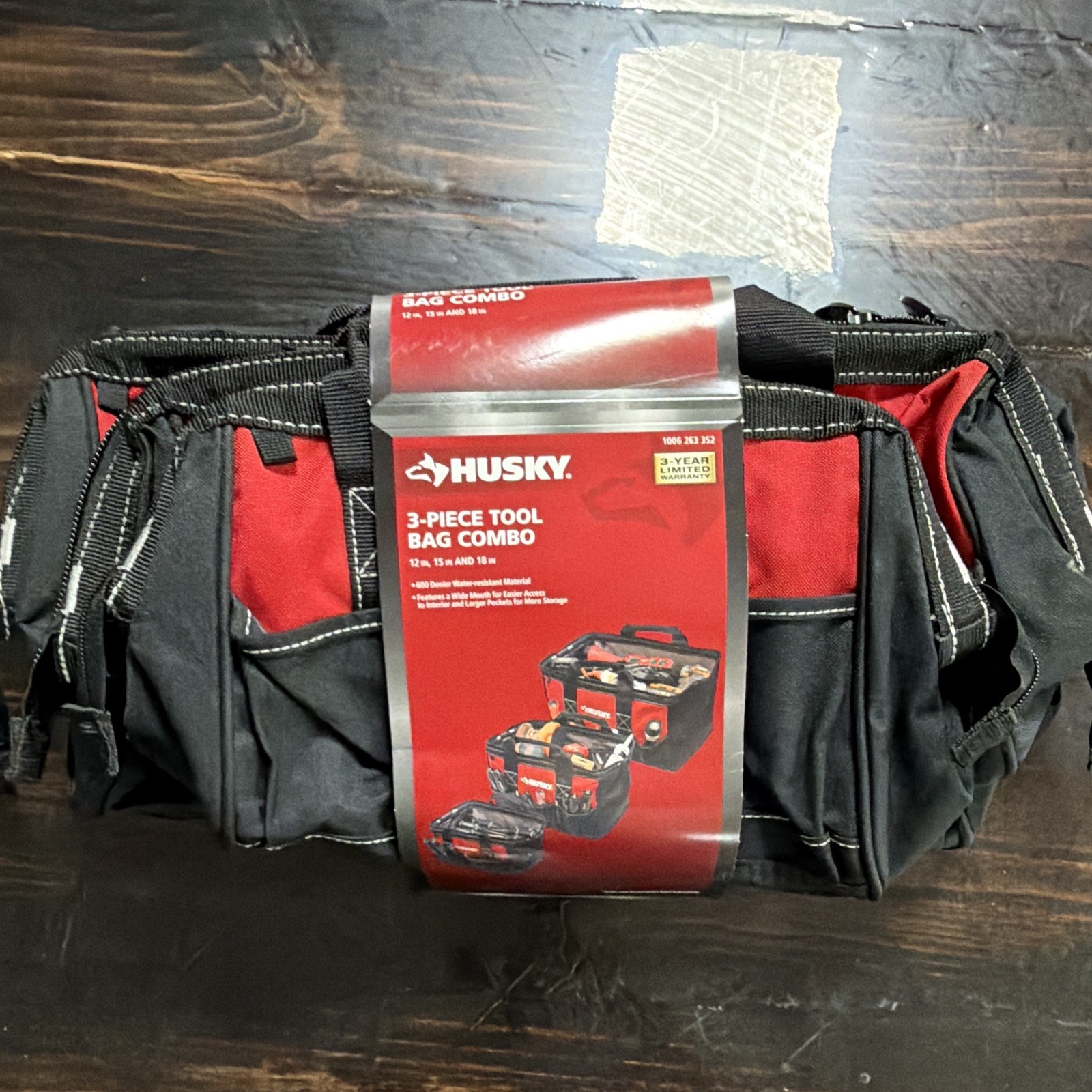 Husky 3-Piece 600D Water-Resistant Tool Bag Set 12/15/18 in Black/Red