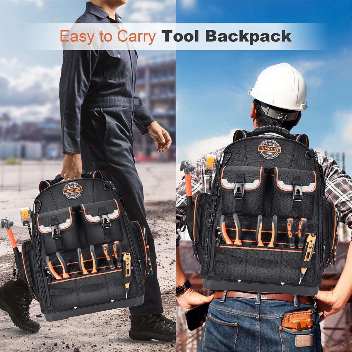 LOKASS Tool Backpack Heavy Duty with Molded Bottom, 1680D 56-Pocket Tool Bag …