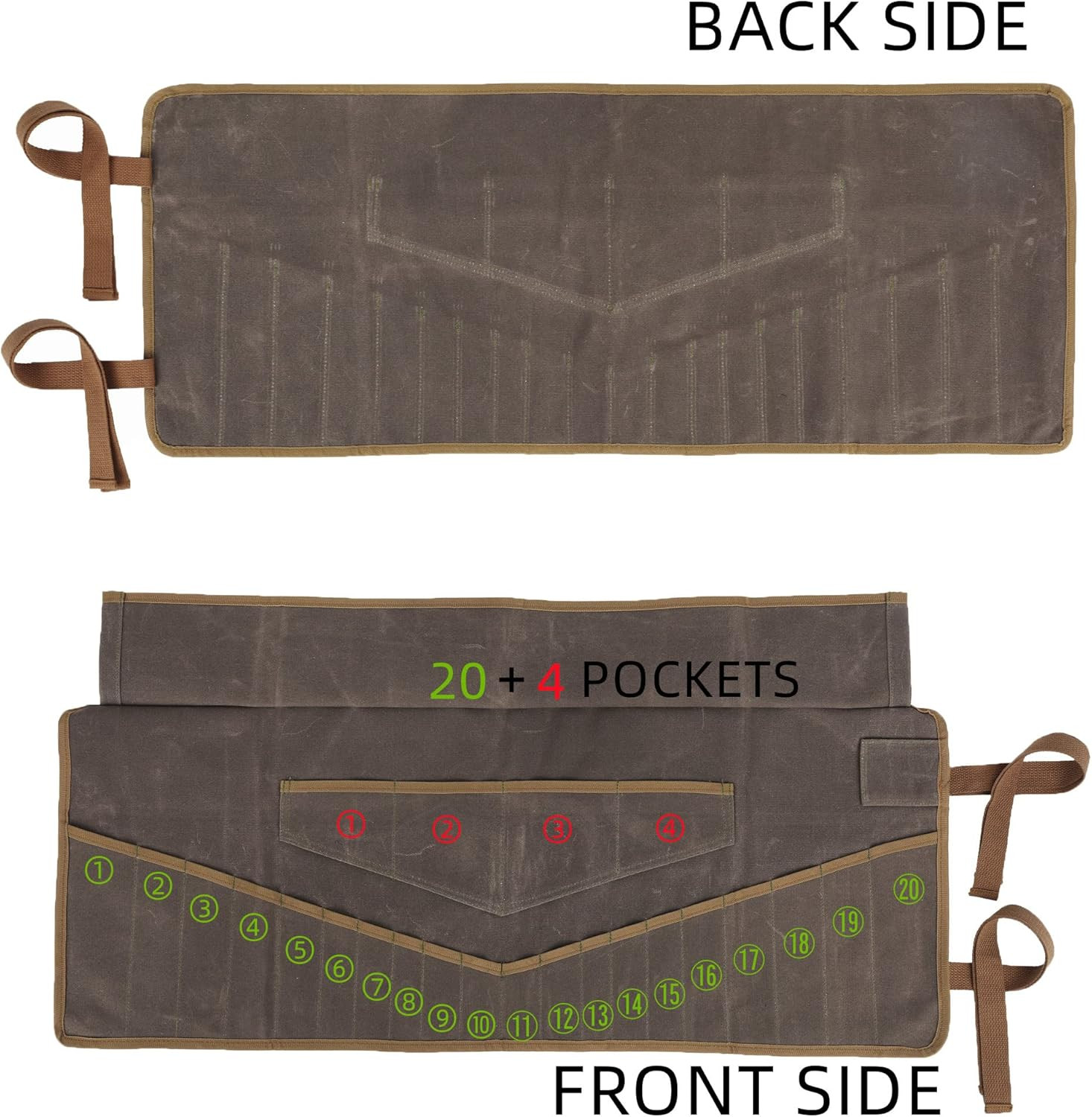 Wrench Roll Up Tool Bag Waxed Canvas Organizer 24 Pocket Heavy Duty Brown