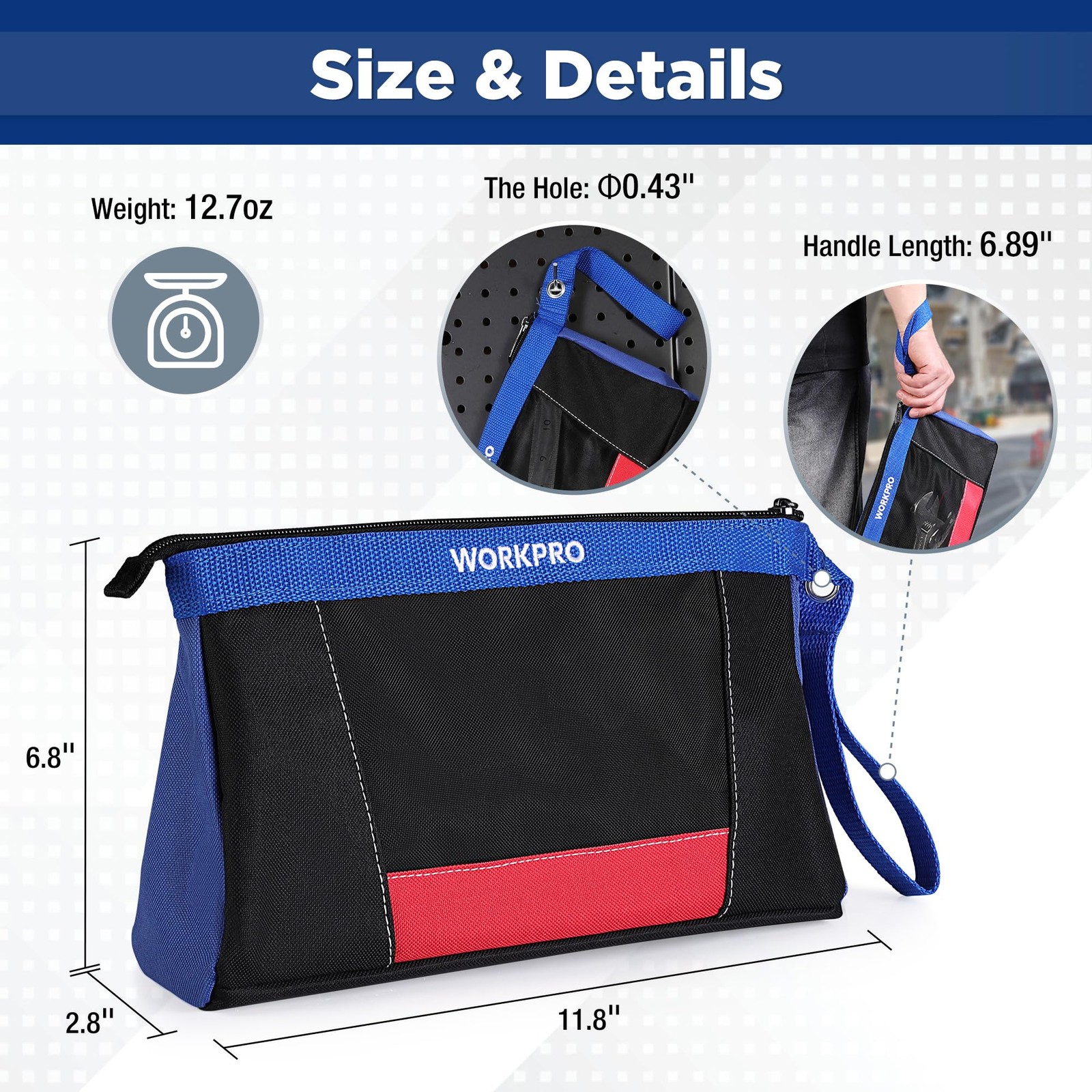 WORKPRO 12″ Tool Pouches with Zipper, Utility Bag 7 x 12 x 3 inches, Black