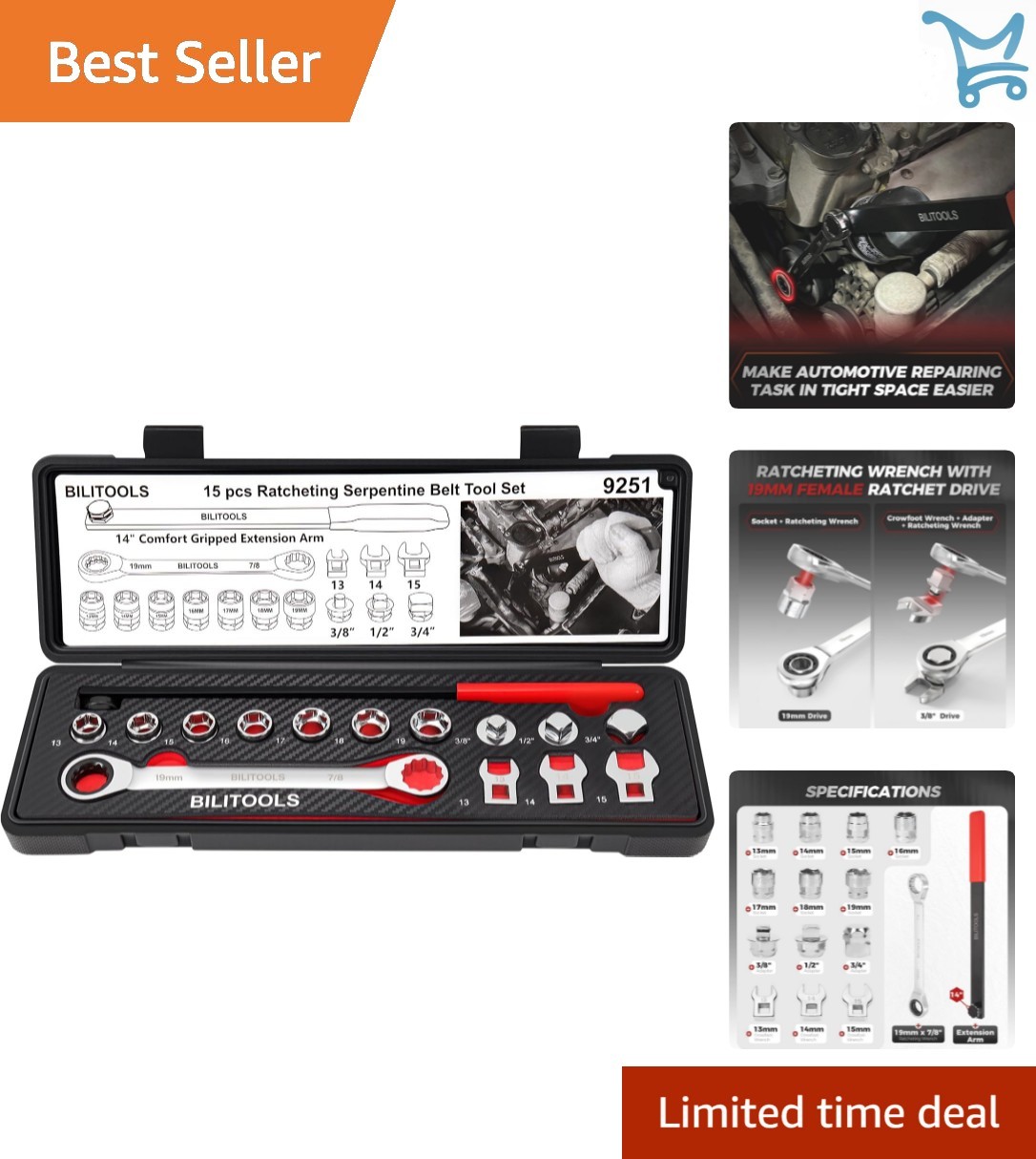 Serpentine Belt Tool Set Carbon Steel 15-Piece Ratcheting Wrenches Socket Ada…