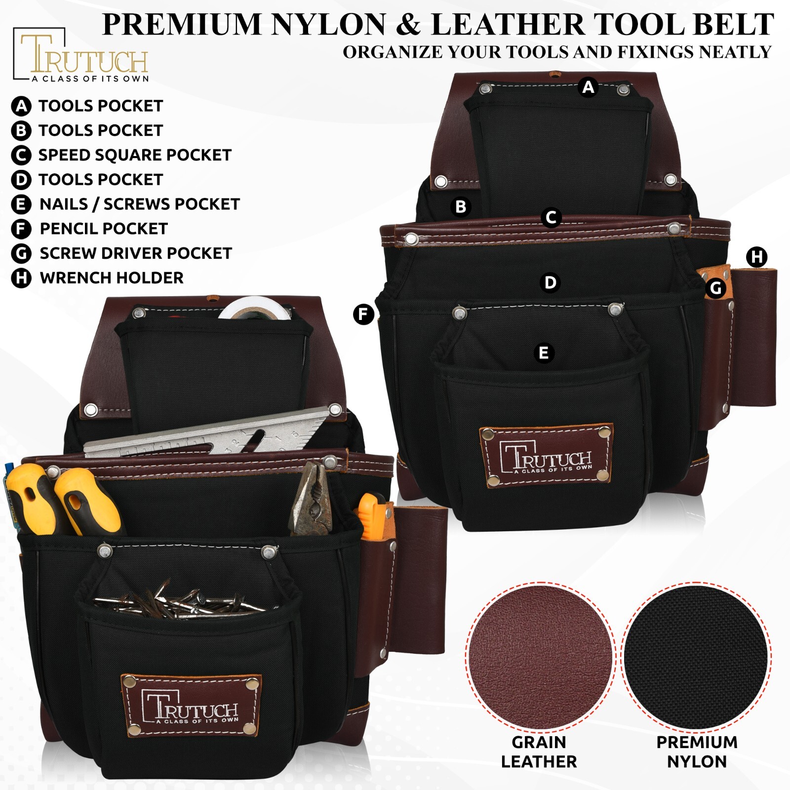 TRUTUCH Nylon and Leather Tool Belt | Framing Tool Bags | Nylon Tool Pouch