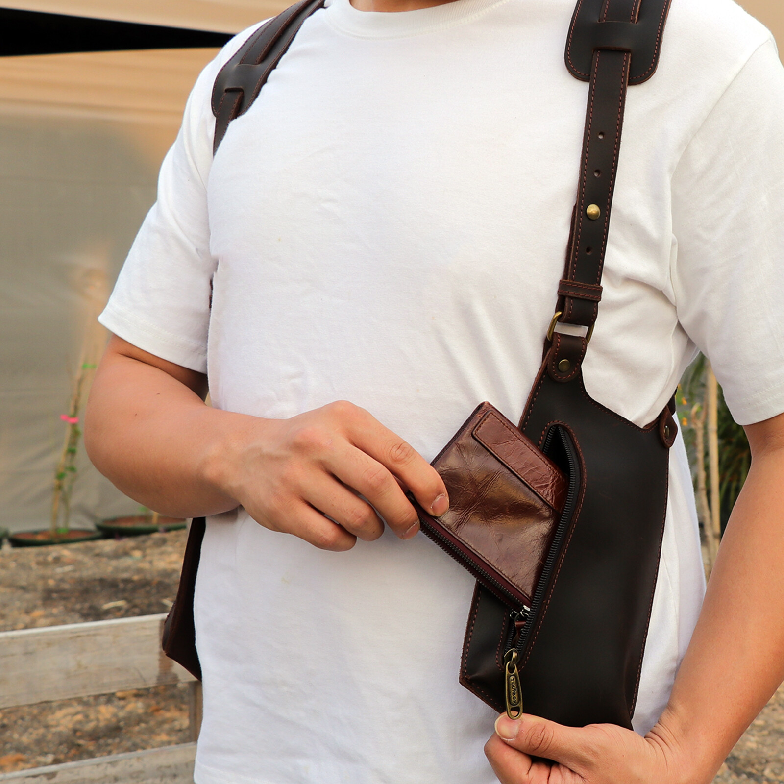 TOURBON Leather Double Phone Underarm Case Suspender Shoulder Wear Harness Bag