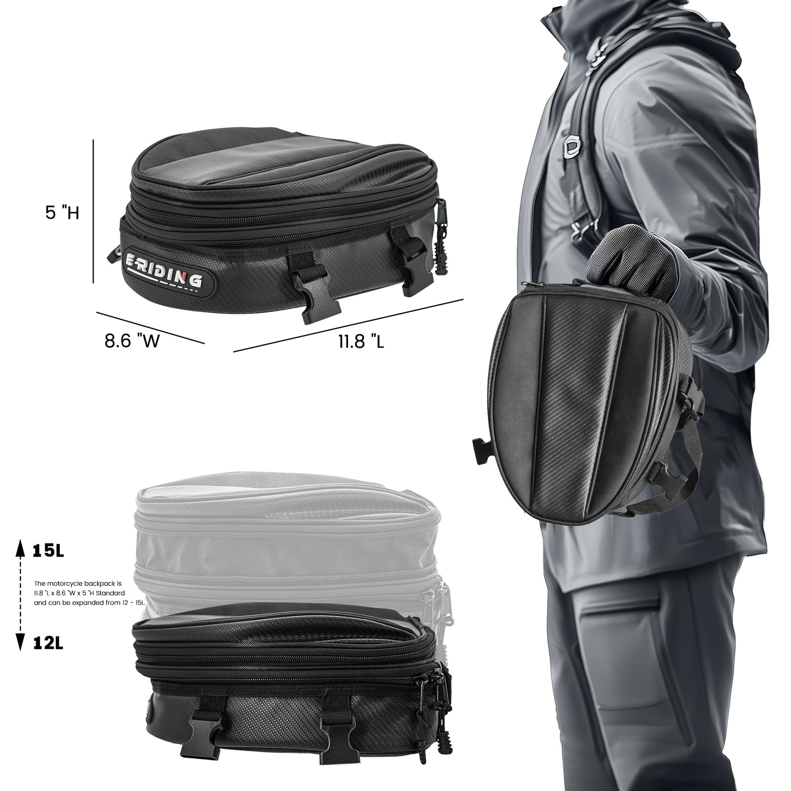 Motorcycle Tail Bag, 12L-15L Expandable Waterproof Motorbike Rear Seat Luggag…