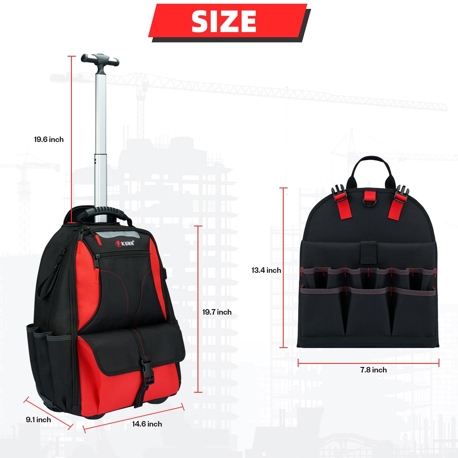Kunn Rolling Tool Backpack Wheels Heavy Duty 37-Pocket Roller Tool Bag Backpack