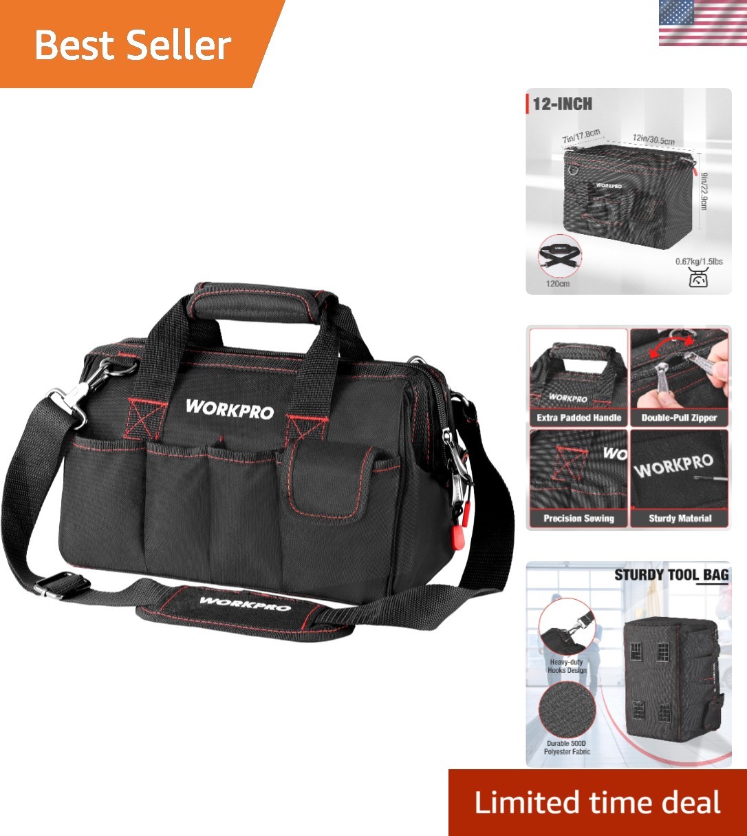 12-Inch Tool Bag – Water-Repellent, 7 Pockets & Comfort Carry Handle