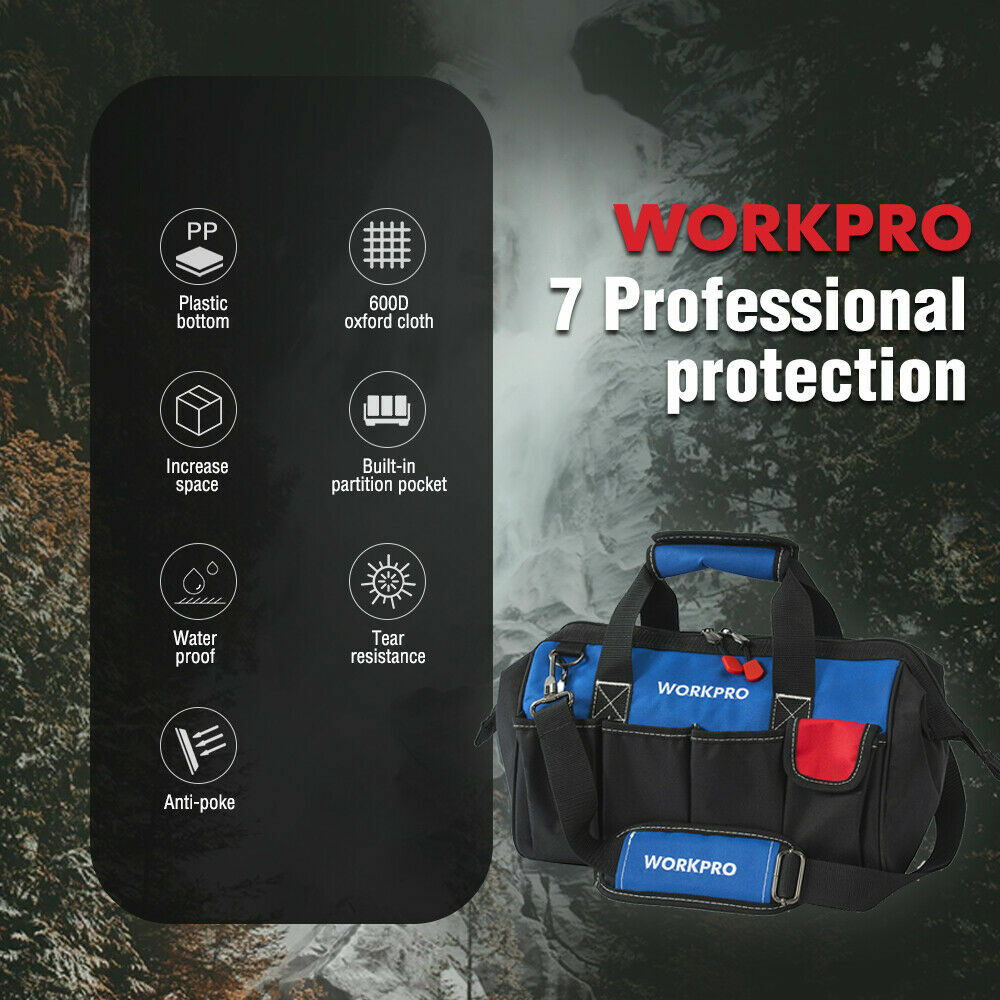 WORKPRO 16»/18″ Durable Tool Bag Wide Mouth Waterproof Heavy Duty Tool Storage