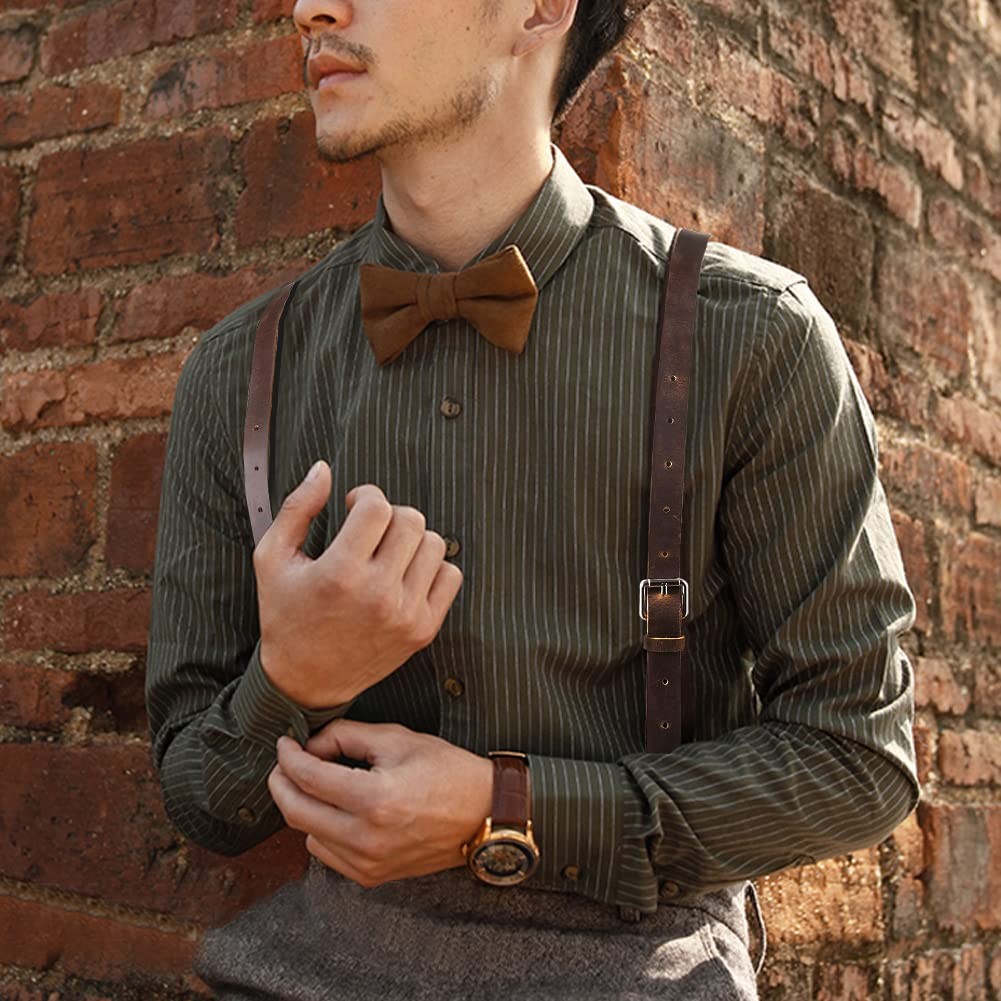 Ringsun Genuine Leather Suspenders for 5 ft 3 in. to 5 9 in, Dark Brown