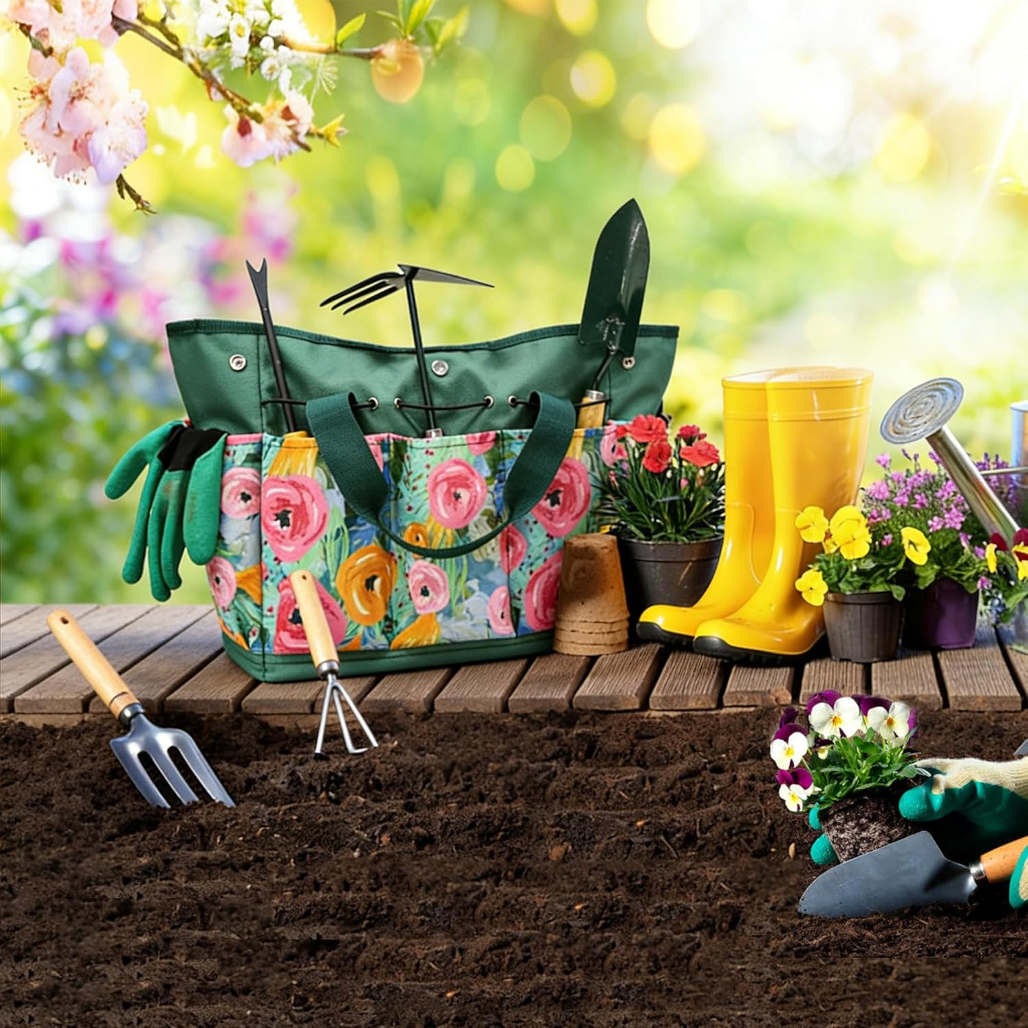 Waterproof Garden Tool Bag, 600D Oxford Portable Gardening Tote with Handle & Mu