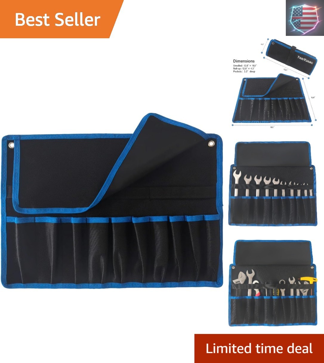 Compact Roll Up Wrench Organizer with 10 Pockets – Water-Resistant Black Fabric